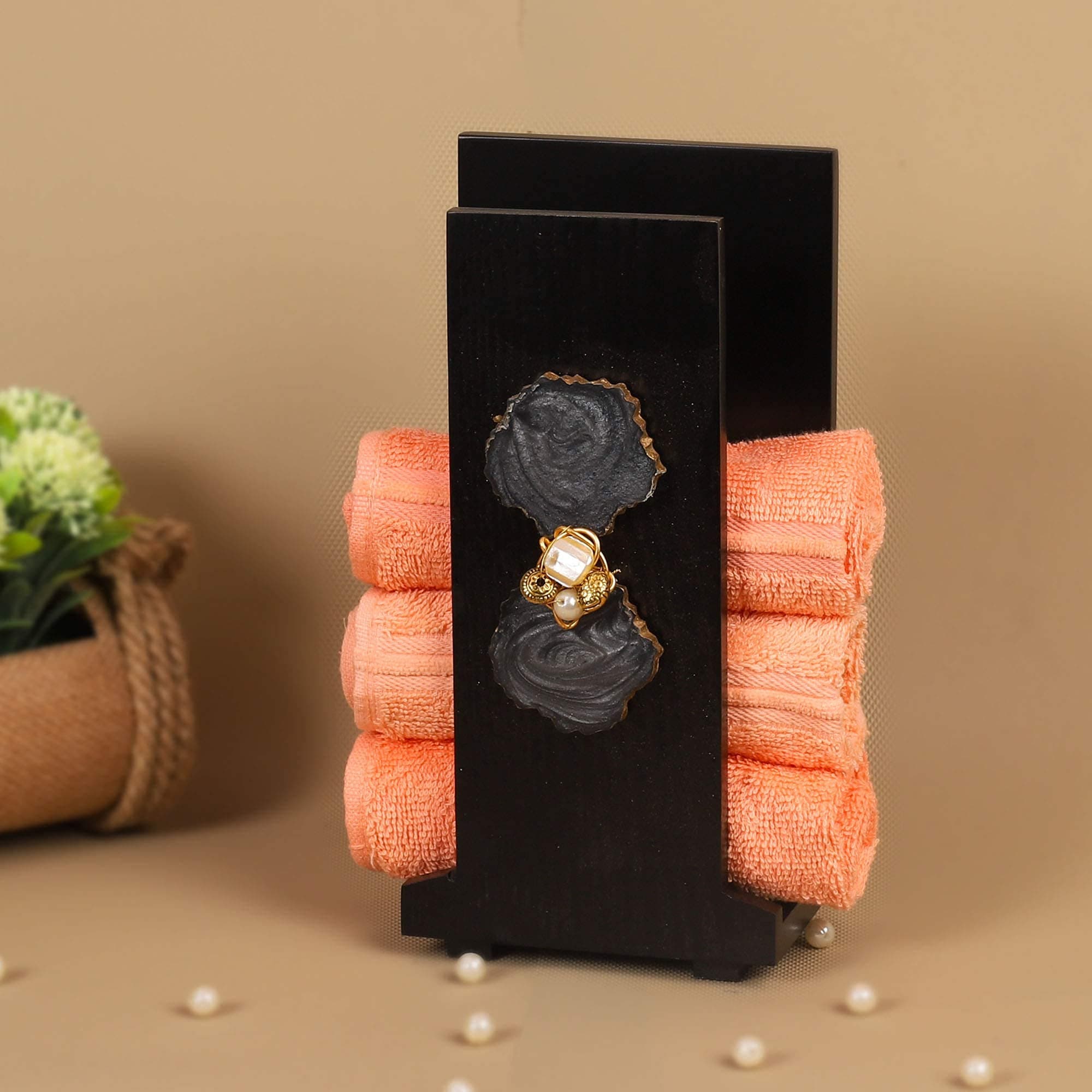 COCKTAIL Handcrafted Wooden Hand Towel Holder| Towel Stand for Bathroom| Napkin Holder for Washbasin| Towel Stand| Guests Towel Organizer Rack| Bathroom Accessories |Towel Rack Black (G Agate)