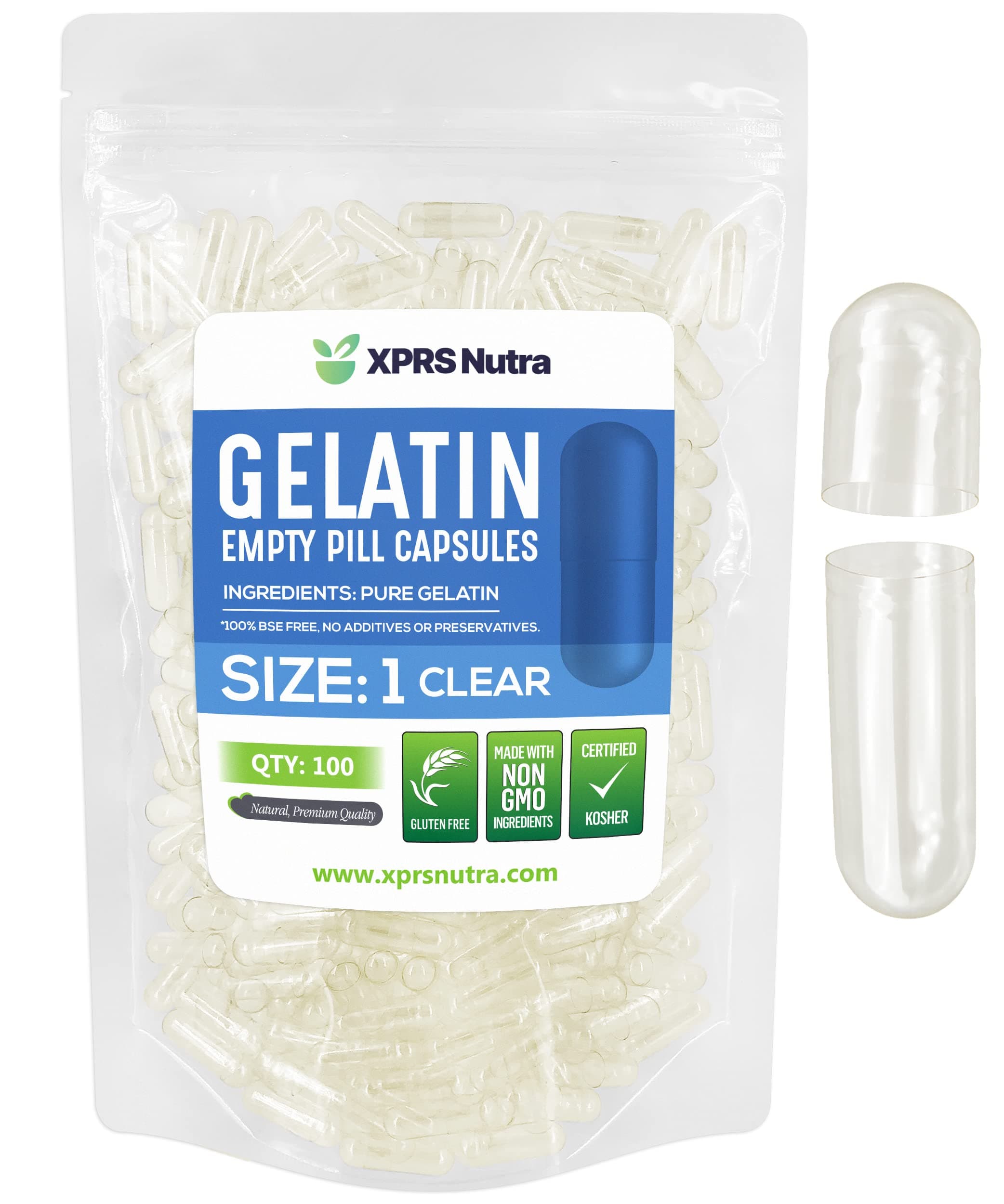 XPRS Nutra Size 1 Empty Capsules - 100 Count Clear Empty Gelatin Capsules - Empty Pill Capsules - DIY Capsule Filling - Fillable Pure Bovine Pill Gel Caps Pills for Do-It-Yourself Supplements
