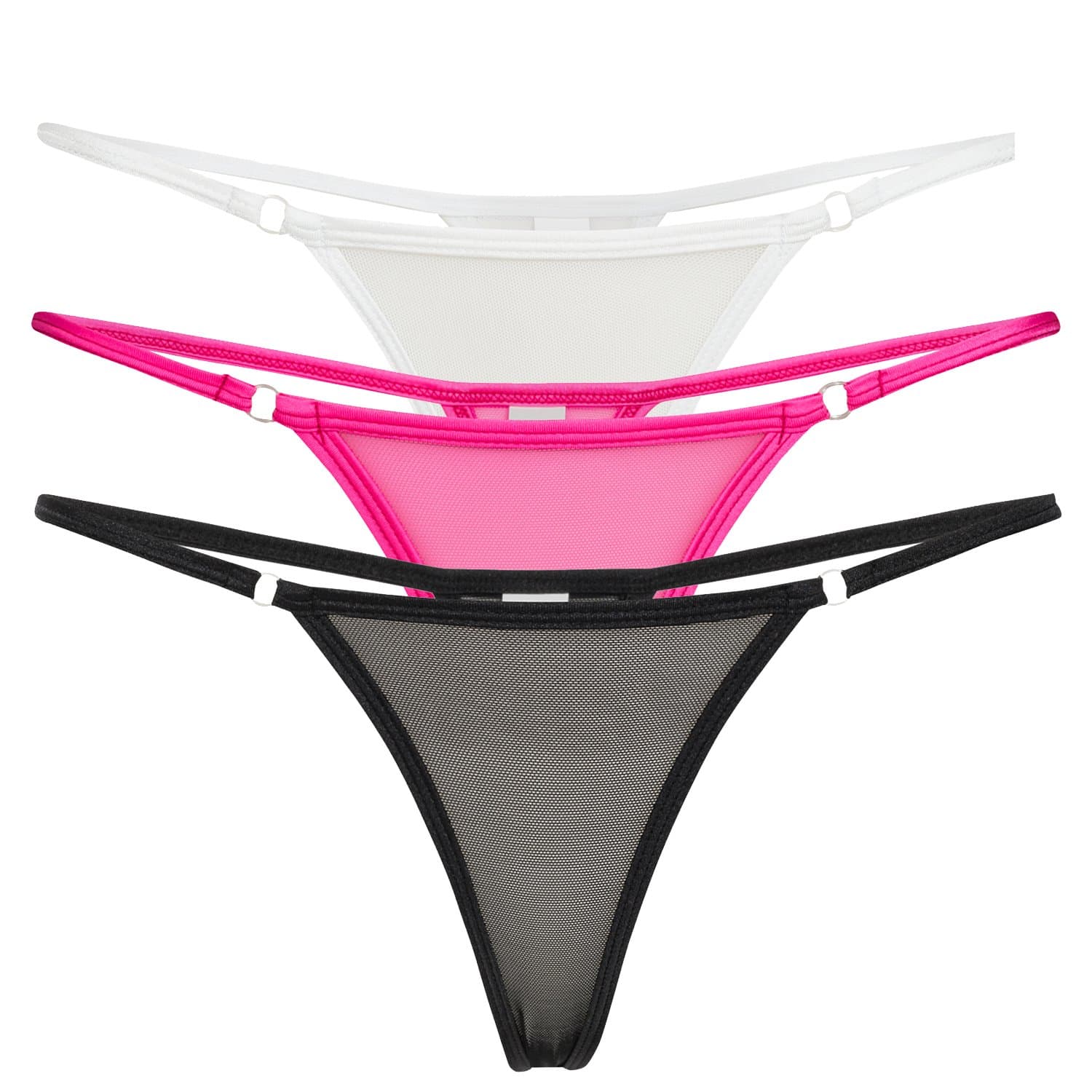 Annsfashion Set of 3 nylon mini thongs, 1 x white, 1 x pink, 1 x black.
