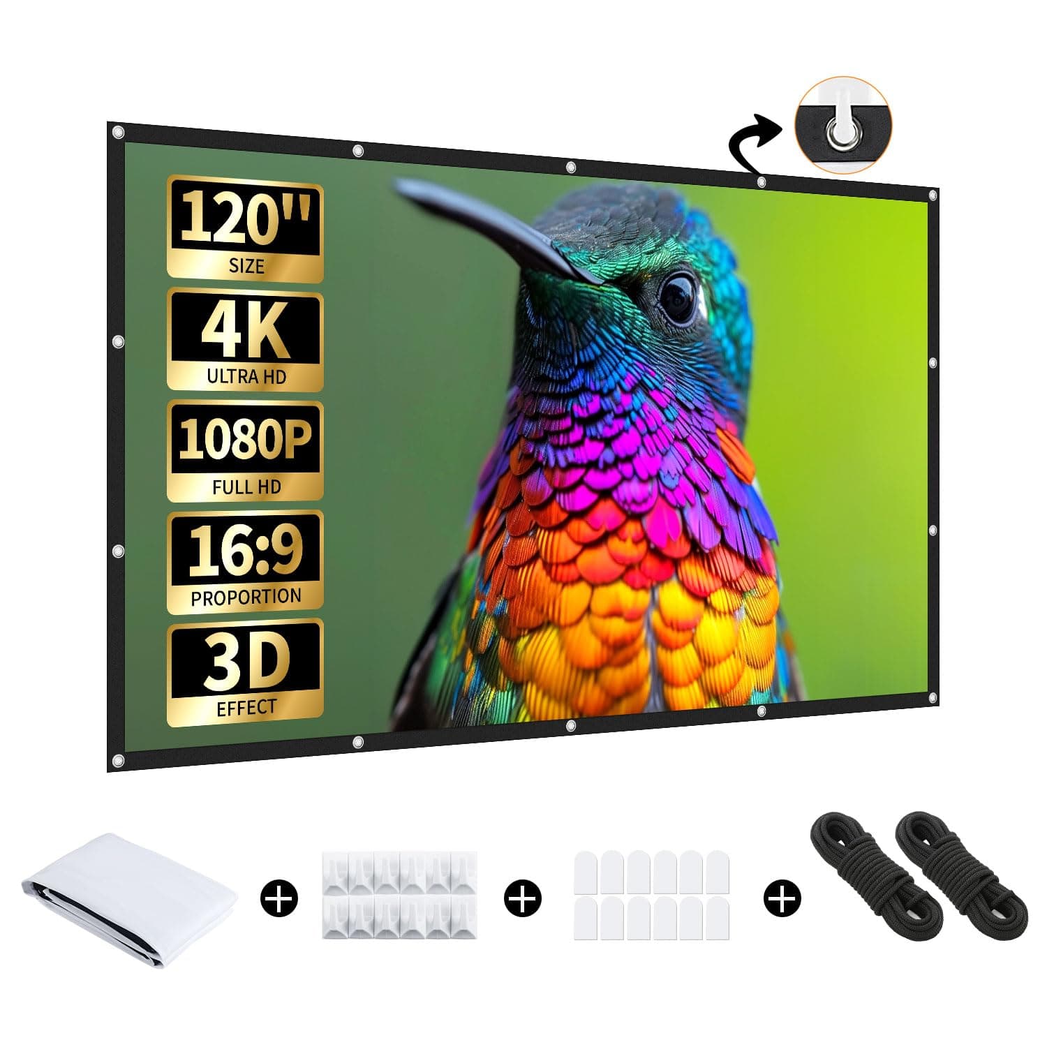 Projector Screen, 120 inch Portable Projector Screen Indoor Outdoor Projection Screen 16:9 4K HD Wrinkle-Free Foldable Movie Screen for Home Theater, Backyard, Support Double Sided Projection