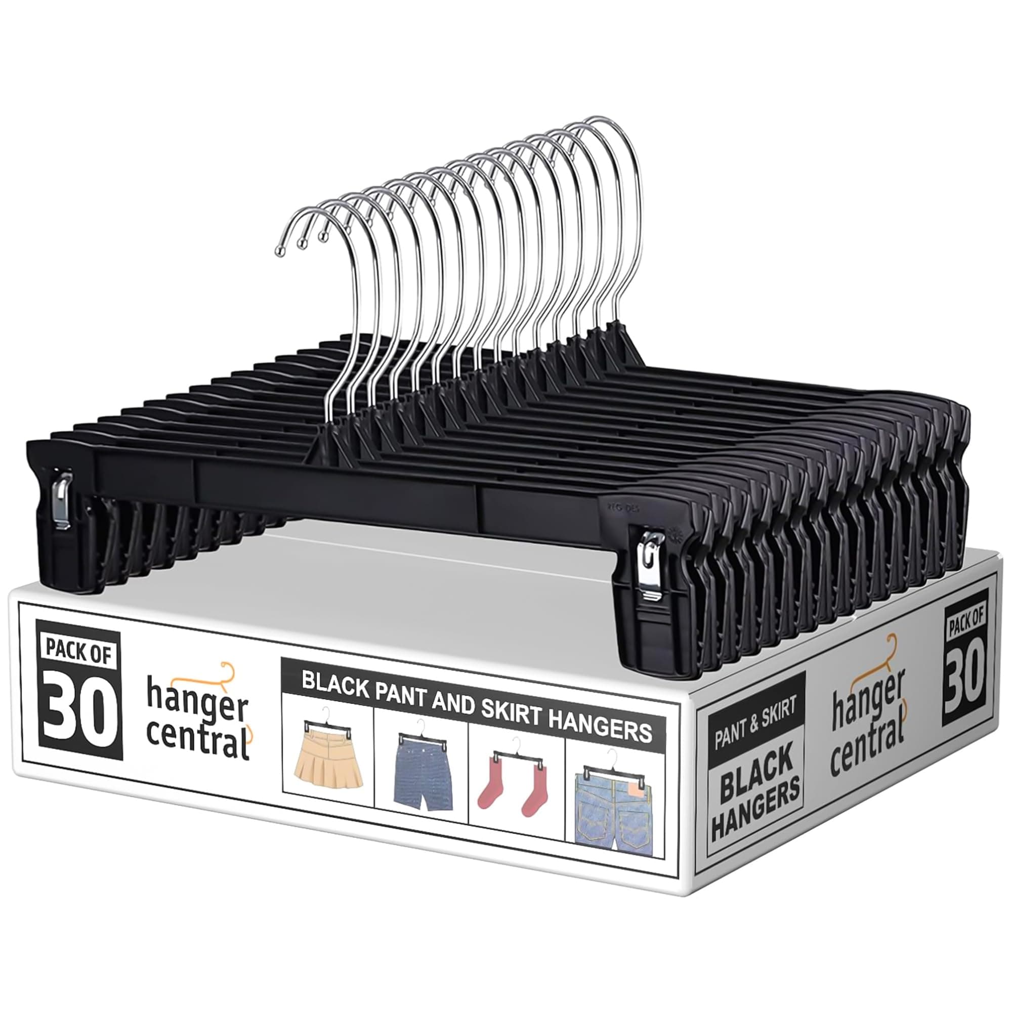 Hanger Central 30 Pack Pants Hangers – 10 Inch Slim Plastic Clothes Hangers with Clips for Skirts, Pants, Shorts – Heavy Duty Space Saving Non Slip Closet Organizer with Swivel Hook – Black