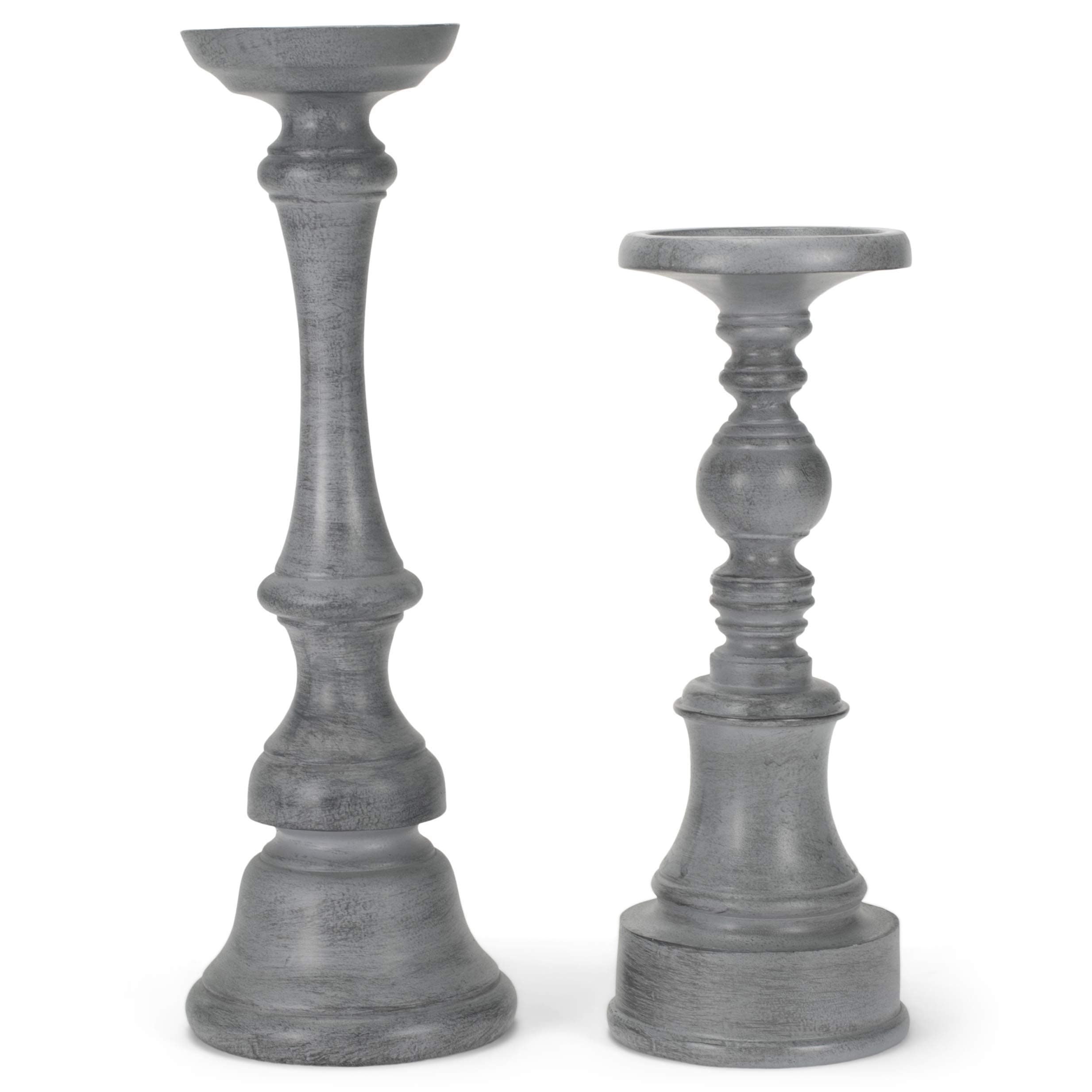 Drew Derose Farmhouse Distressed Grey 14 and 11 inch Wood Pillar Tapered Candle Stick Holders, Set of 2