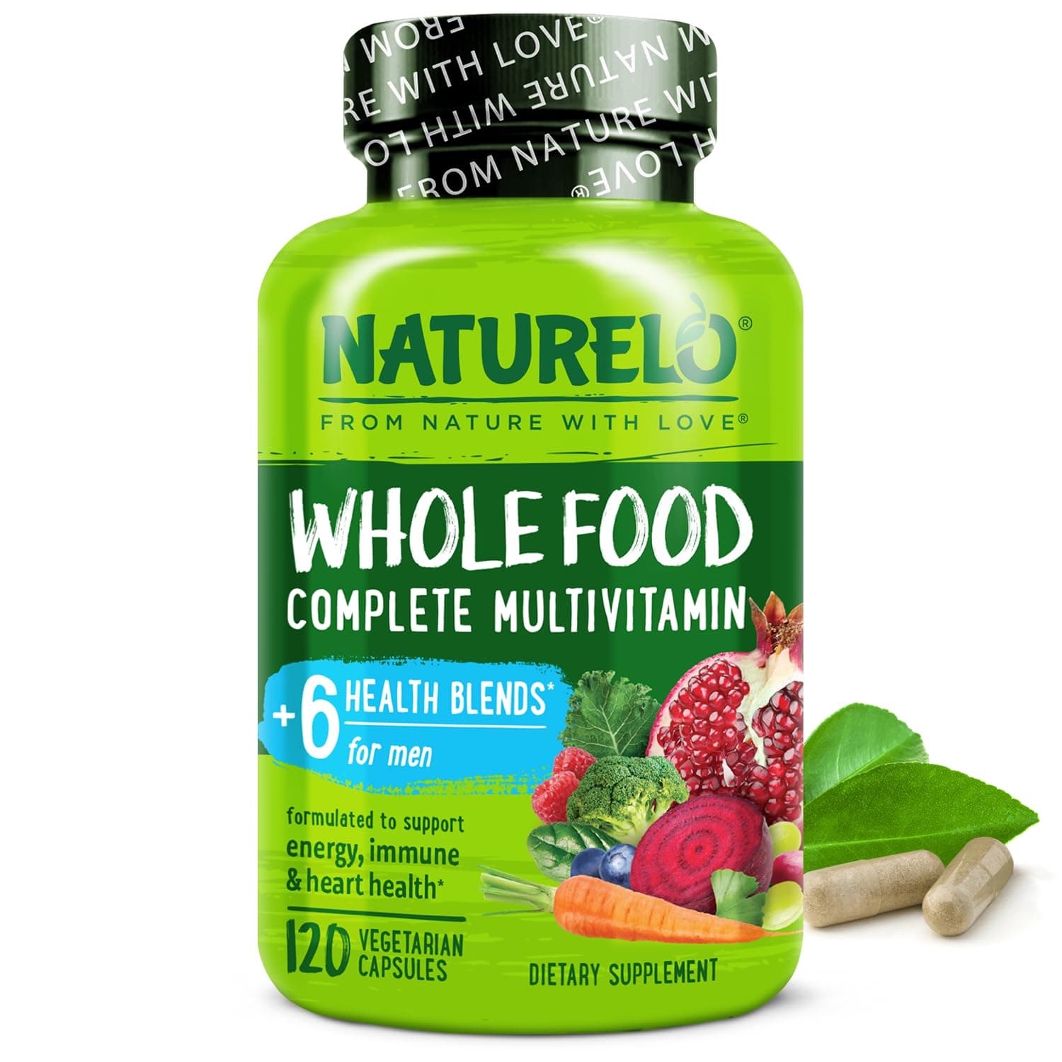 NATURELO Whole Food Multivitamin for Men - with Vitamins, Minerals, Organic Herbal Extracts - Vegetarian - for Energy, Brain, Heart, Eye Health - 120 Vegan Capsules