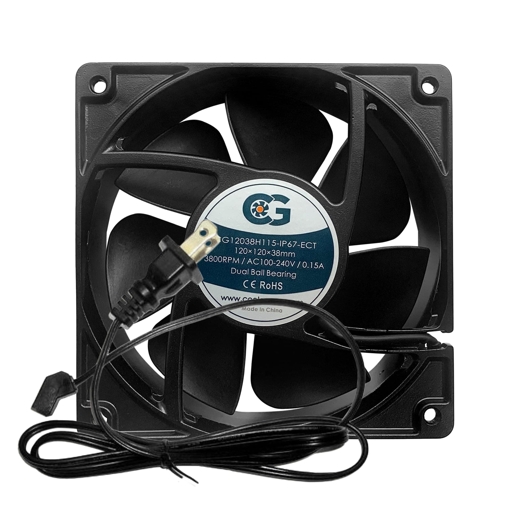 coolerguys120x120x38mm 115v High Airflow IP67 EC Fan with Terminal Connection and AC Power Cord