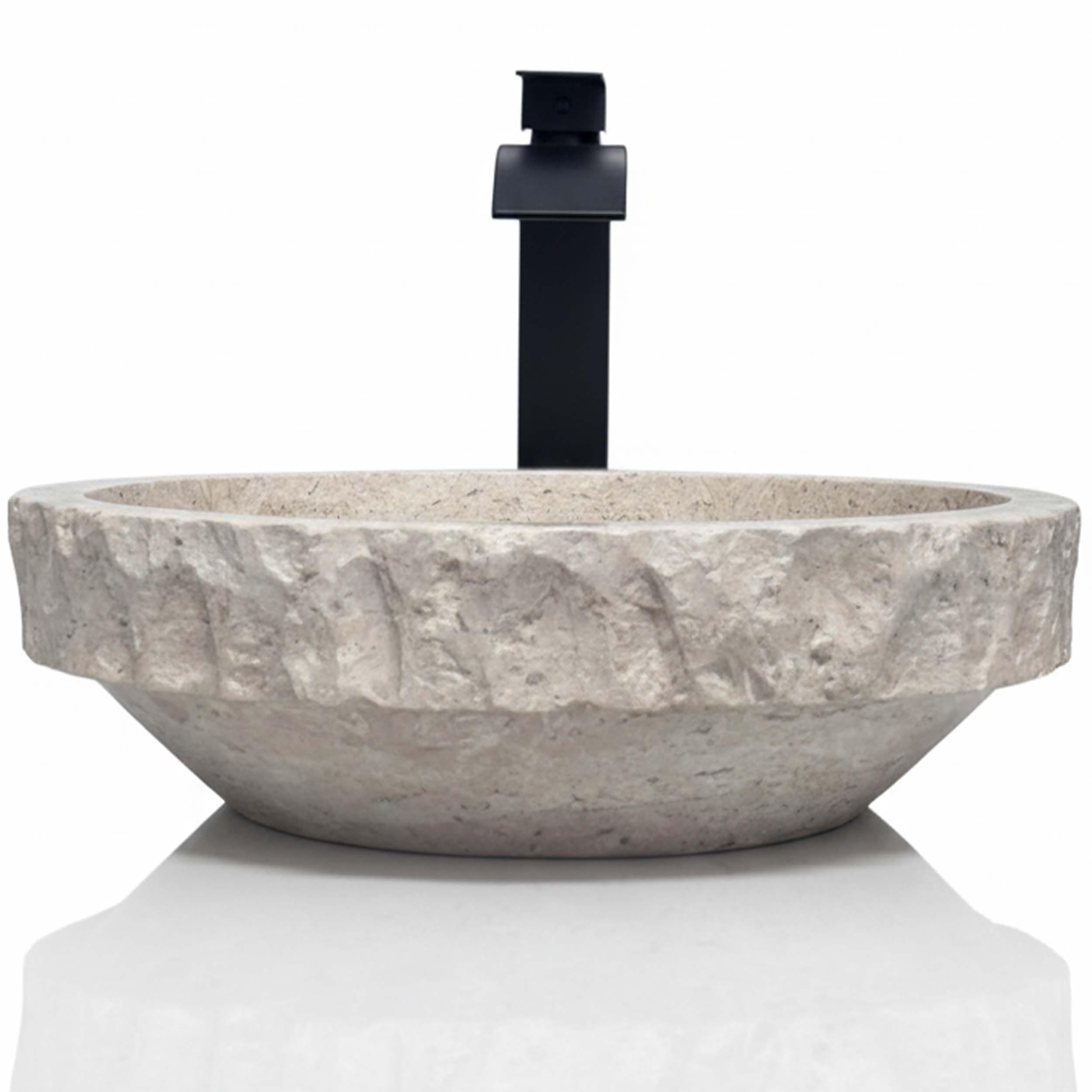 Shades of Nature Round Travertine Bathroom Sink – Hand-Carved Natural Stone Vessel Sink, Chiseled Exterior, Polished Interior, Above Counter Vanity Sink (Includes Matching Soap Tray)