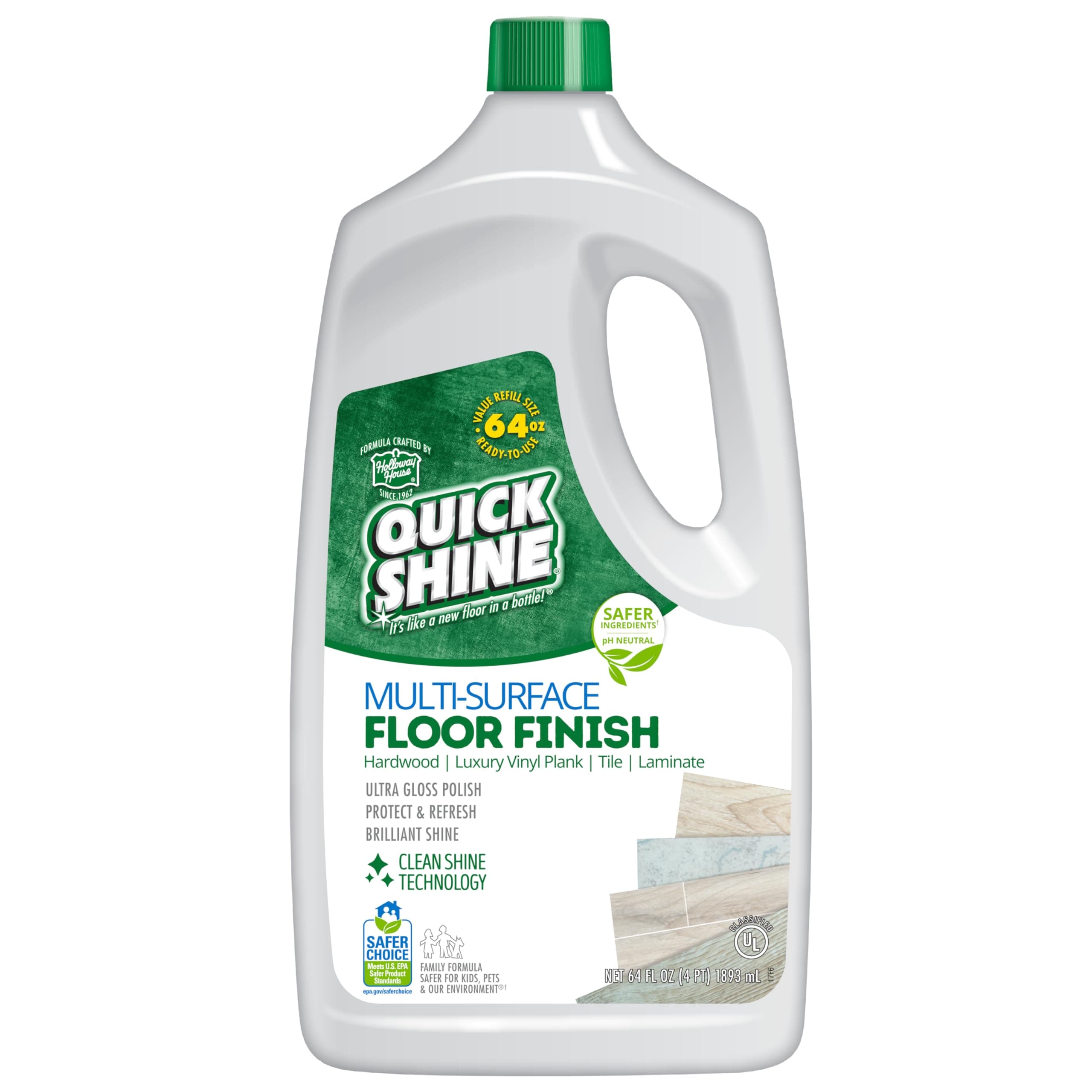 Quick Shine Multi Surface Floor Finish 64oz | Cleaner & Polish to use on Hardwood, Laminate, Luxury Vinyl Plank LVT, Tile & Stone | Safer Choice w/Clean Shine Technology | Shine-Protect-Refresh