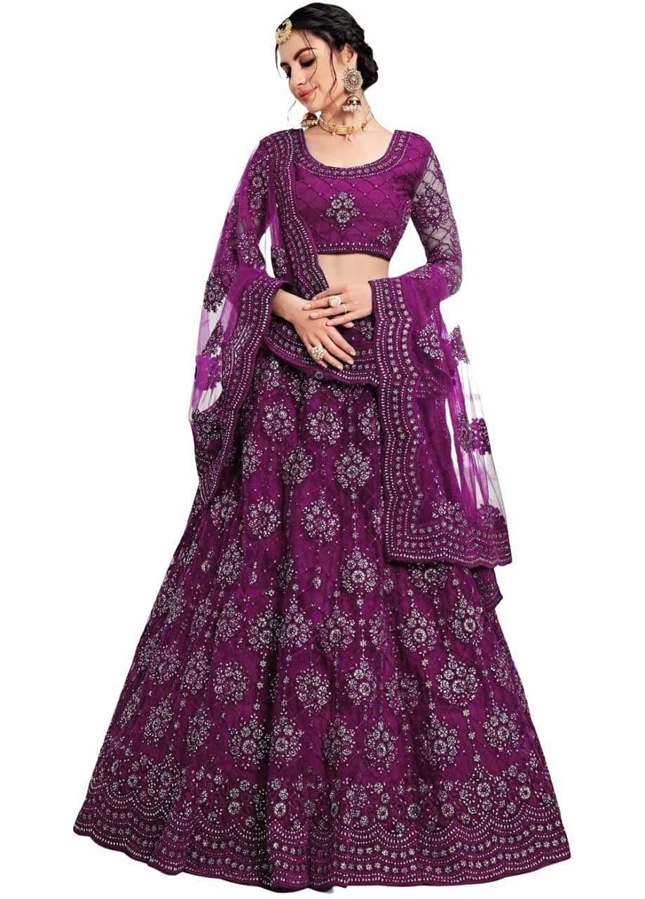 Amazon Brand-Women's Net Embroidered Lehenga Choli And Dupatta Set (Free Size)