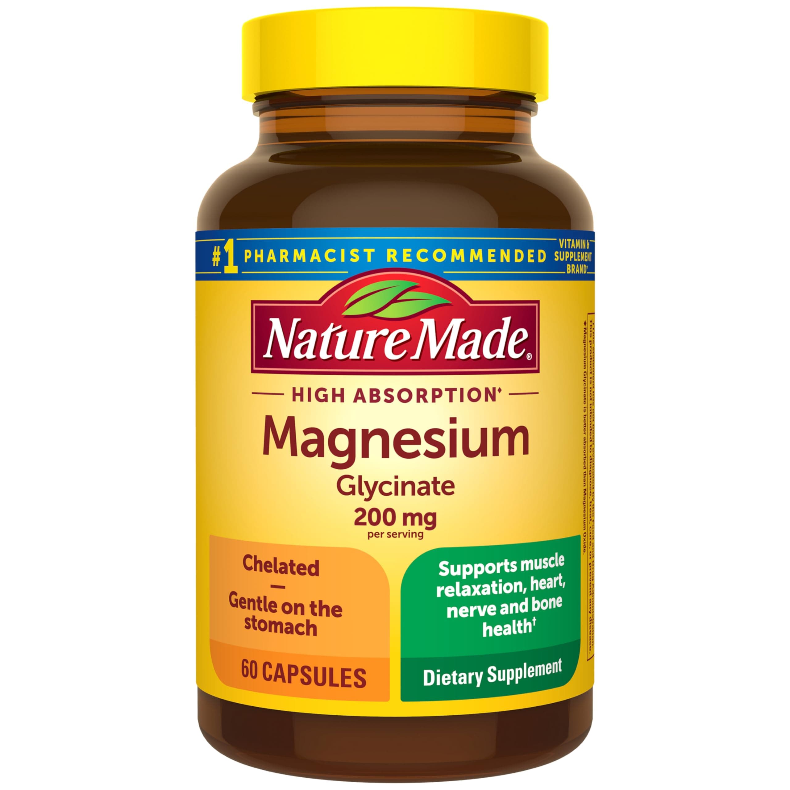 Nature Made Magnesium Glycinate 200 mg per Serving, Dietary Supplement for Muscle, Heart, Nerve and Bone Support, 60 Capsules, 30 Day Supply