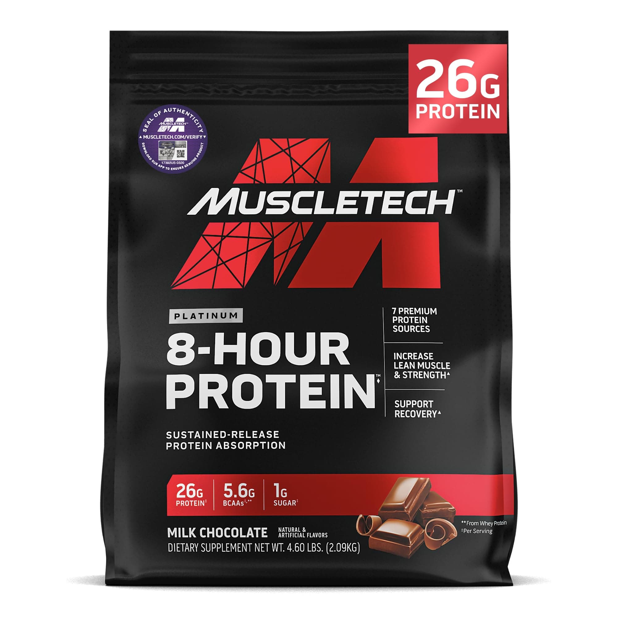 MuscleTech Platinum 8-Hour Protein Powder - 7 Premium Protein Sources with Whey & Casein Protein for Increased Lean Muscle, Strength & Improved Recovery - Milk Chocolate, 50 Servings