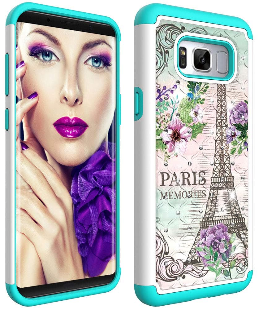 Wiitop Compatible Samsung Galaxy S8 Plus Case,S8+ Back Protective Cover Heavy Duty Tough Dual Layer 2 in 1 Rugged Rubber Hybrid Hard Plastic Soft TPU Coloured Drawing with Glitter Diamond Eiffel Tower