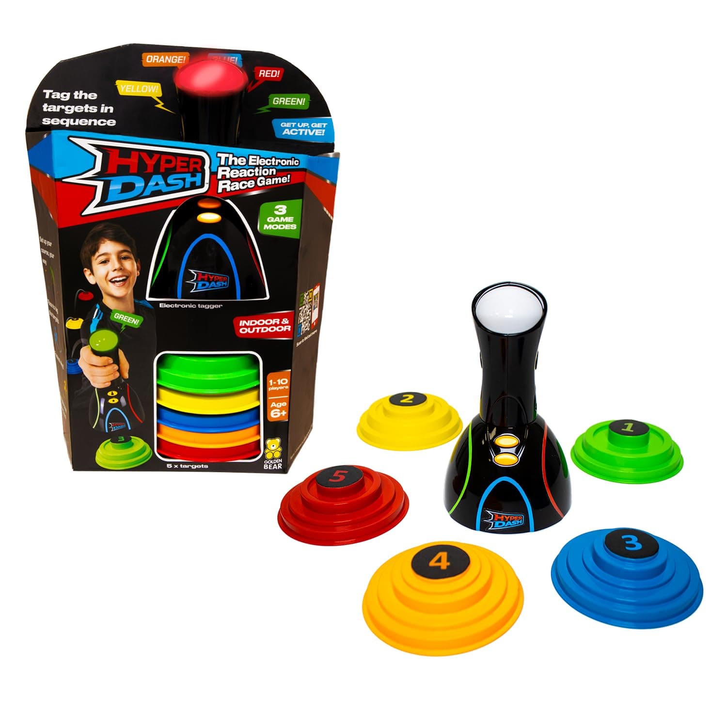 fast reaction race game, race against yourself or up to 10 friends to hit the colour targets, 3 play modes, great for family games. Play indoor & outdoor. Age 3+