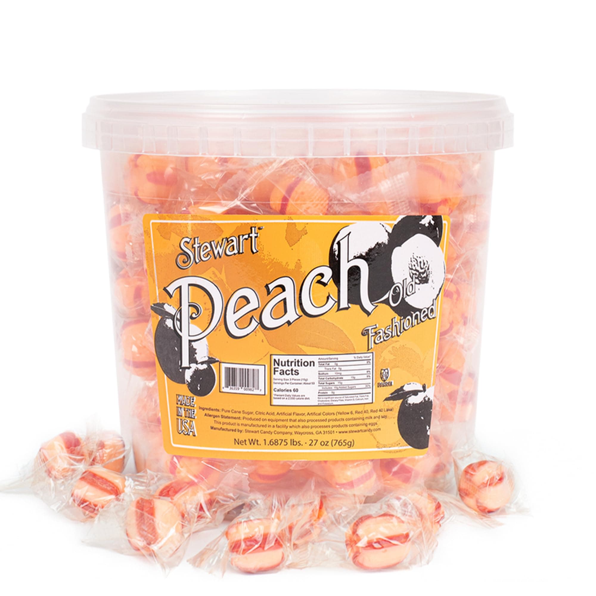 Stewart Old Fashioned Peach Candy Puffs | Individually Wrapped Candy | Pure Cane Sugar Candy | Fat-Free, Cholesterol-Free, Gluten-Free | Classic Soft/Hard Texture, Made in USA - 27 oz Tub