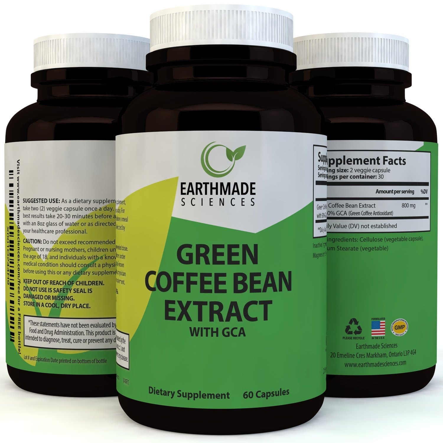 Green Coffee Bean Extract Weight Loss Supplement - Natural Metabolism Boost Increase Energy Suppress Appetite for Men & Women -Fat Burning Capsules with Pure Chlorogenic Acid by Earthmade Sciences