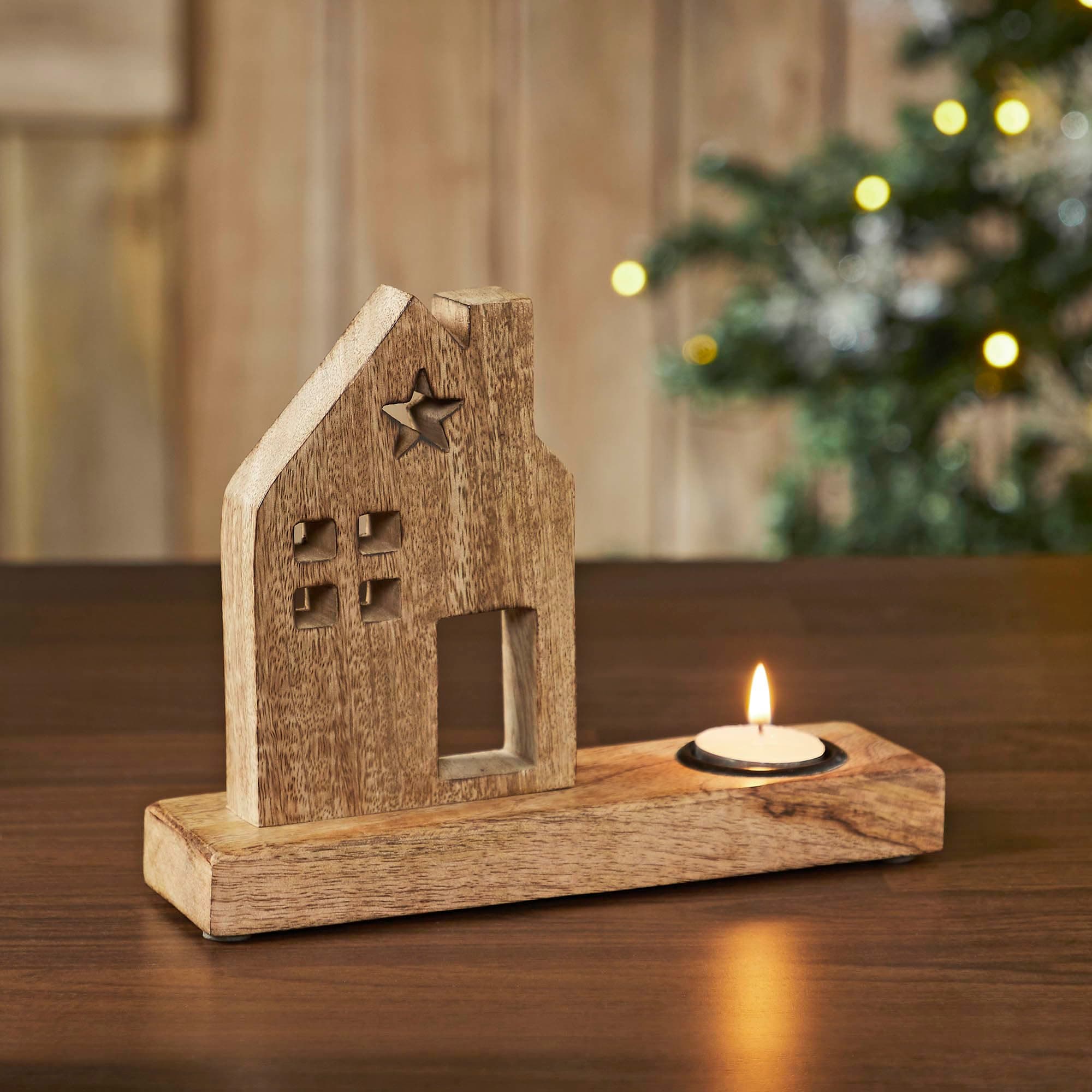 Tealight Holder Wooden Saltbox House w/Star Natural 9x6.75x2.5