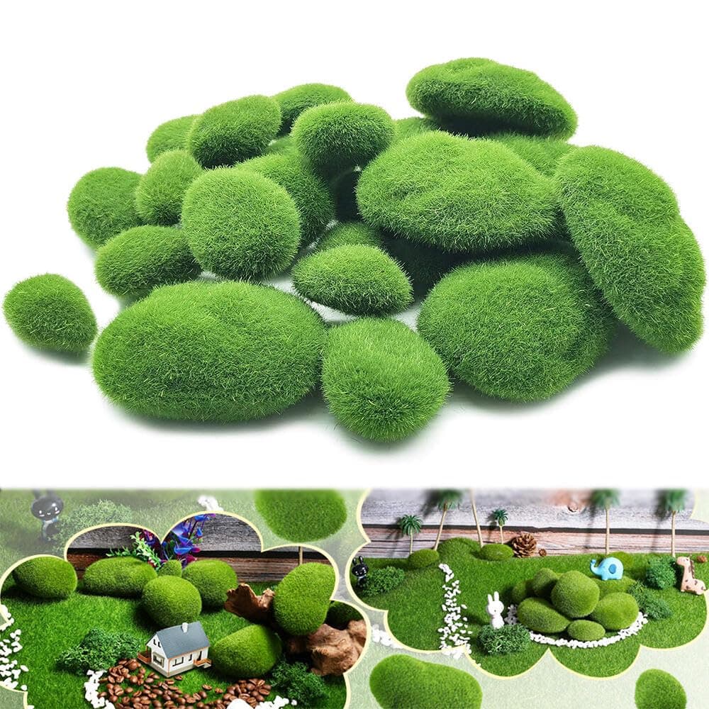 Goodern Artificial Moss Rocks Decorative,DIY Green Artificial Moss Rocks Fake Moss Rocks for Plant Poted Decoration,Craft Faux Green Moss Covered Stones Fake Moss Balls for Floral Arrangements-30Pcs