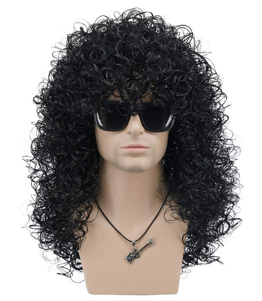 - Mens Slash Long Curly Black Hard 70s 80s Rocker Wig Halloween Costume Cosplay Wig (Black)