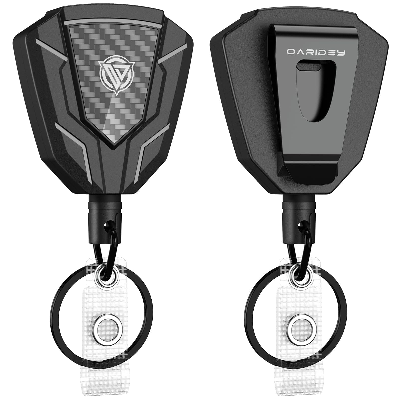 - Oaridey Heavy Duty Retractable Keychain with Belt Clip, Retractable Badge Holders with Carbon Fiber Front, Badge Reels Retractable with Key Ring and 31.8” Steel Cord, 9oz Rebound - 2 Pack