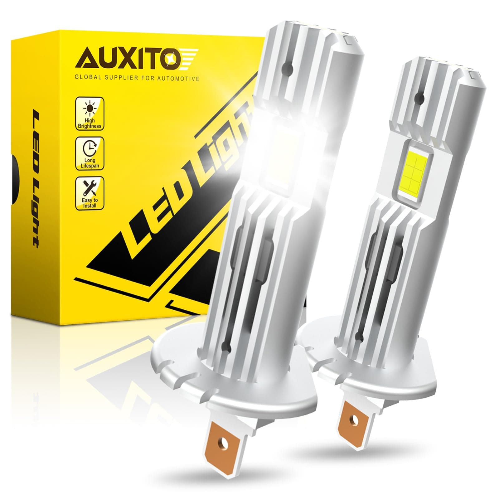 AUXITO 2023 Upgraded H1 LED Bulb, Non-Polarity, 1:1 Mini Size No Adapter Required, 6500K White Fanless H11L Conversion Kit for Hi/Lo Beam Fog Lights, Plug and Play, Pack of 2