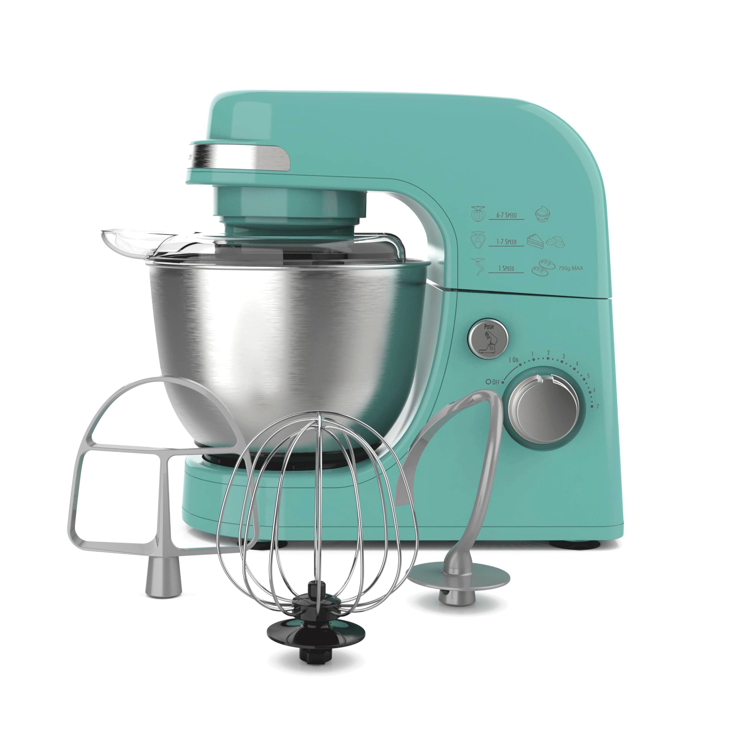 Hamilton Beach Electric Stand Mixer, 4 Quarts, Dough Hook, Flat Beater Attachments, Splash Guard 7 Speeds with Whisk, Aqua