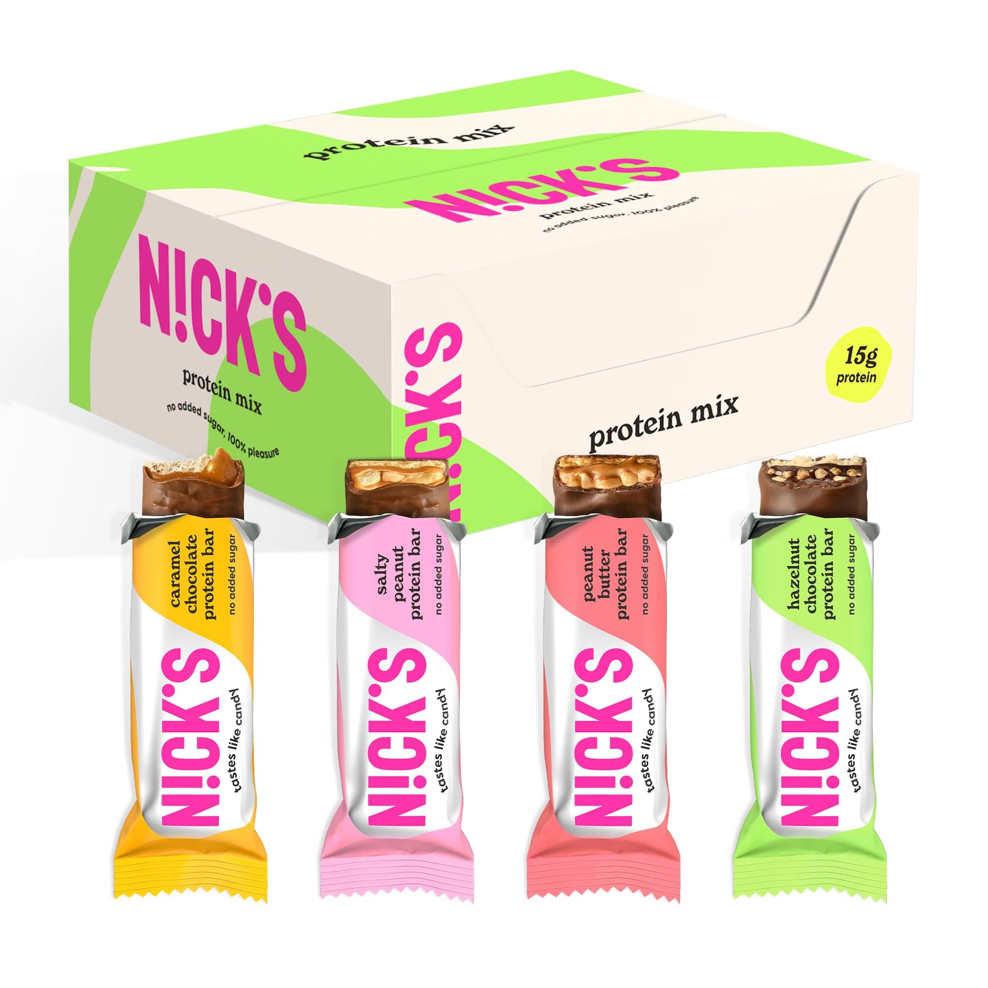 NICKS Protein Bar Mix Box, Keto Snack Bars 4g Net Carbs, 15g Protein, 5g Collagen No Added Sugar Gluten Free Low Carb Snacks (9x50g)