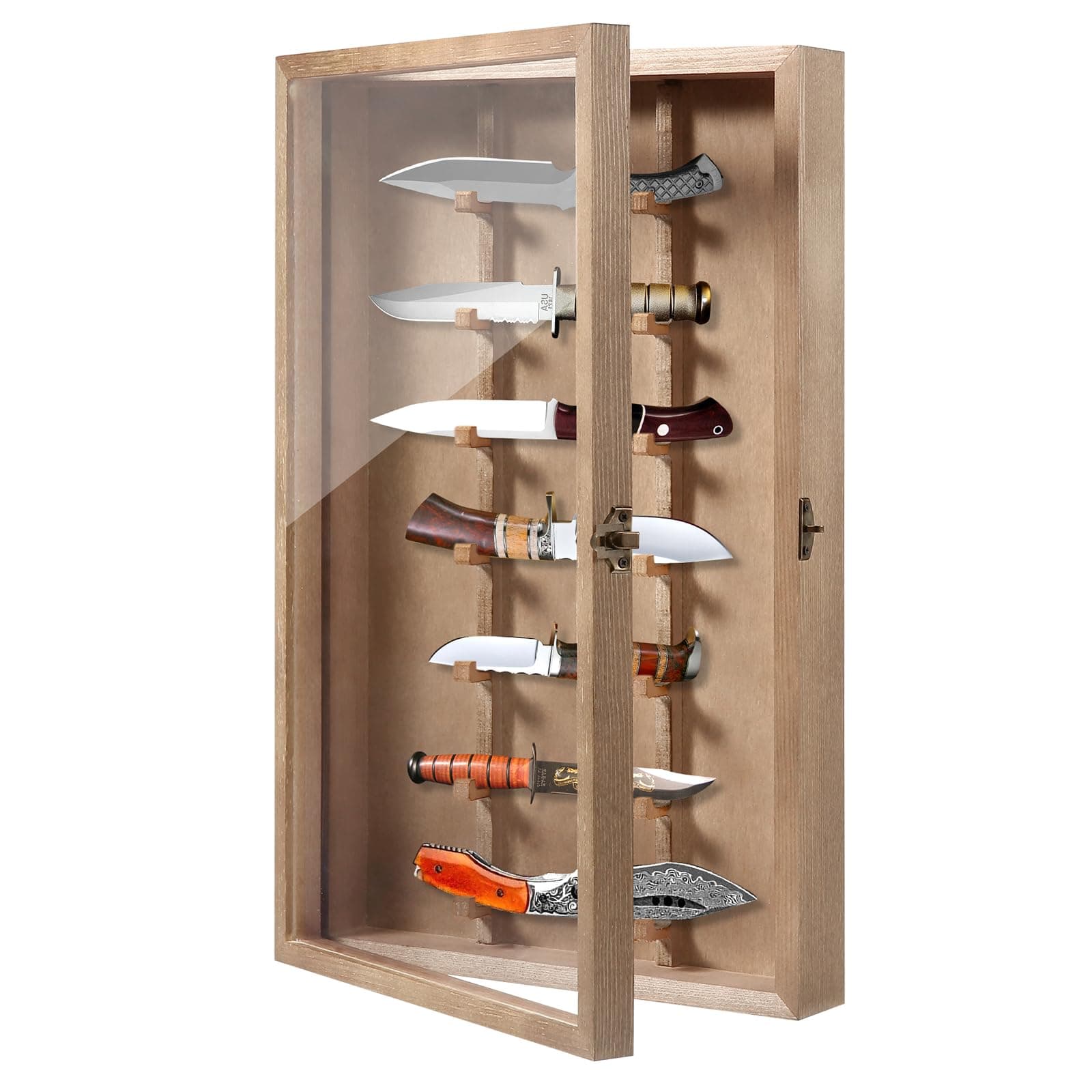 Pocket Knife Display Case, Wooden Knife Display Case with Lockable Clear Acrylic Door