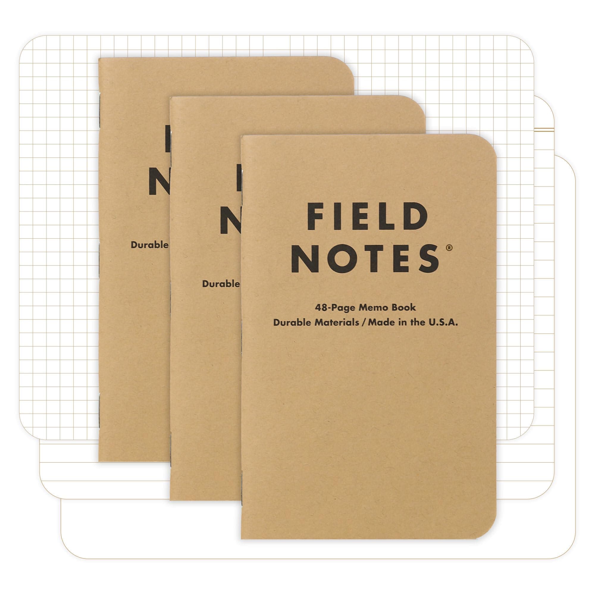 Field Notes: Original Kraft 3-Pack - Mixed Paper (1 Graph/Grid, 1 Ruled/Lined, 1 Plain/Blank) Memo Books - 48 Page Pocket Notebooks - 3.5" x 5.5"