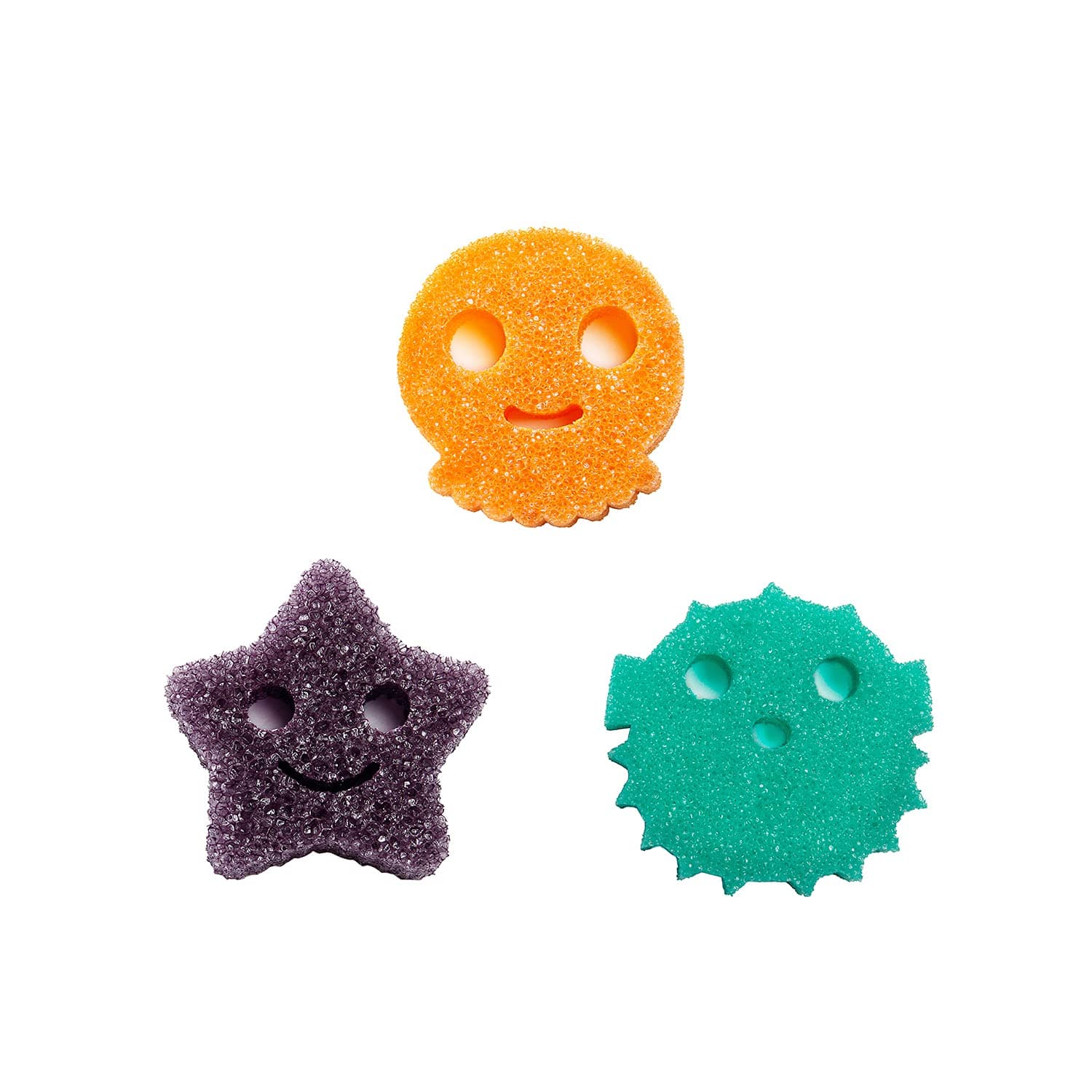 Lovely Smiley Scrubbers Cartoon Sponge Set, Odor Resistant, Scratch Free for Dishes and Home, Soft in Warm Water Firm in Cold, Deep Cleaning, Octopus Puffer Starfish 3ct