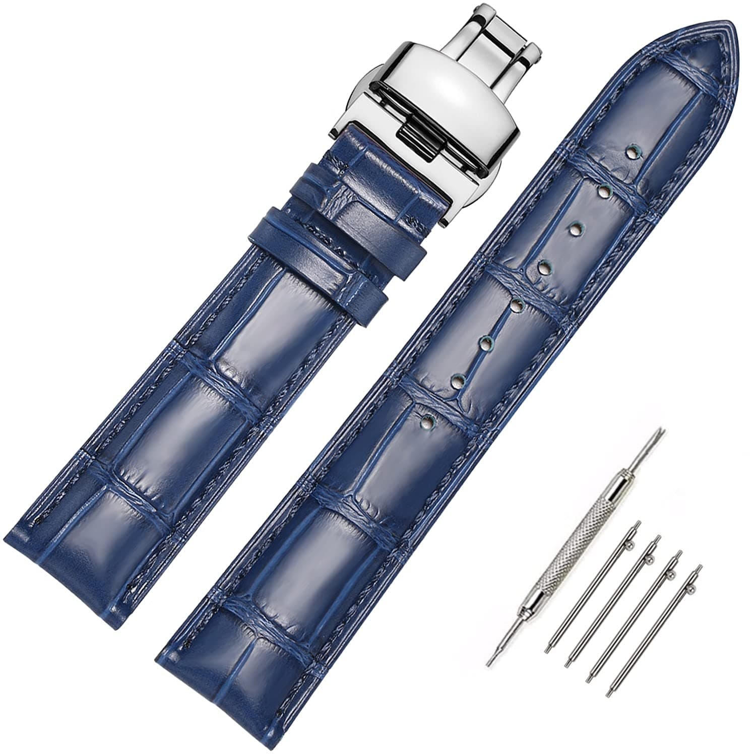 Quick Release Leather Watch Bands Deployment Butterfly Buckle 18mm 20mm 22mm 24mm Blue Black Brown Calfskin Replacement Watch Strap for Men & Women