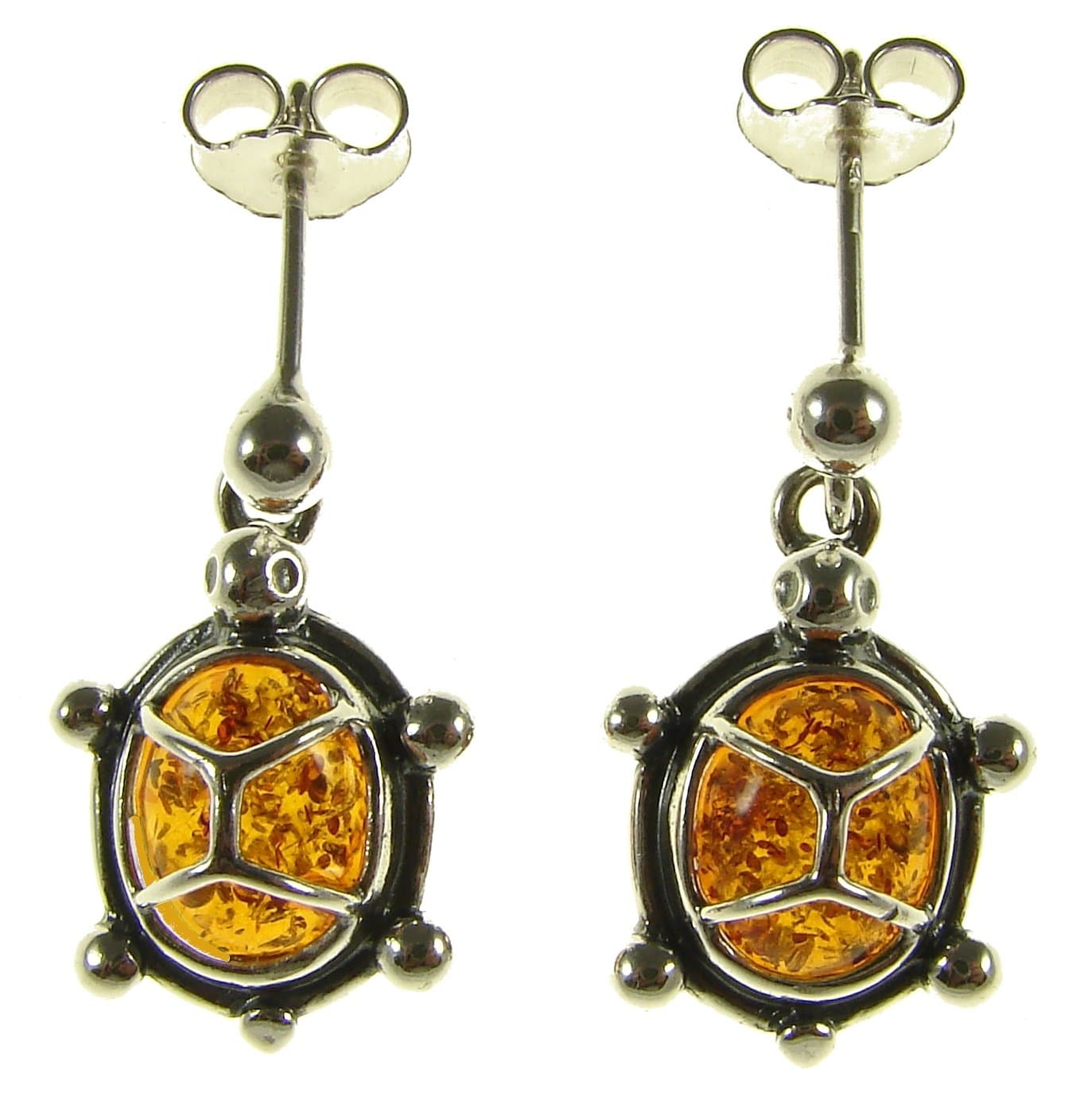 Baltic amber and sterling silver 925 cognac tortoise turtle animal stud earrings