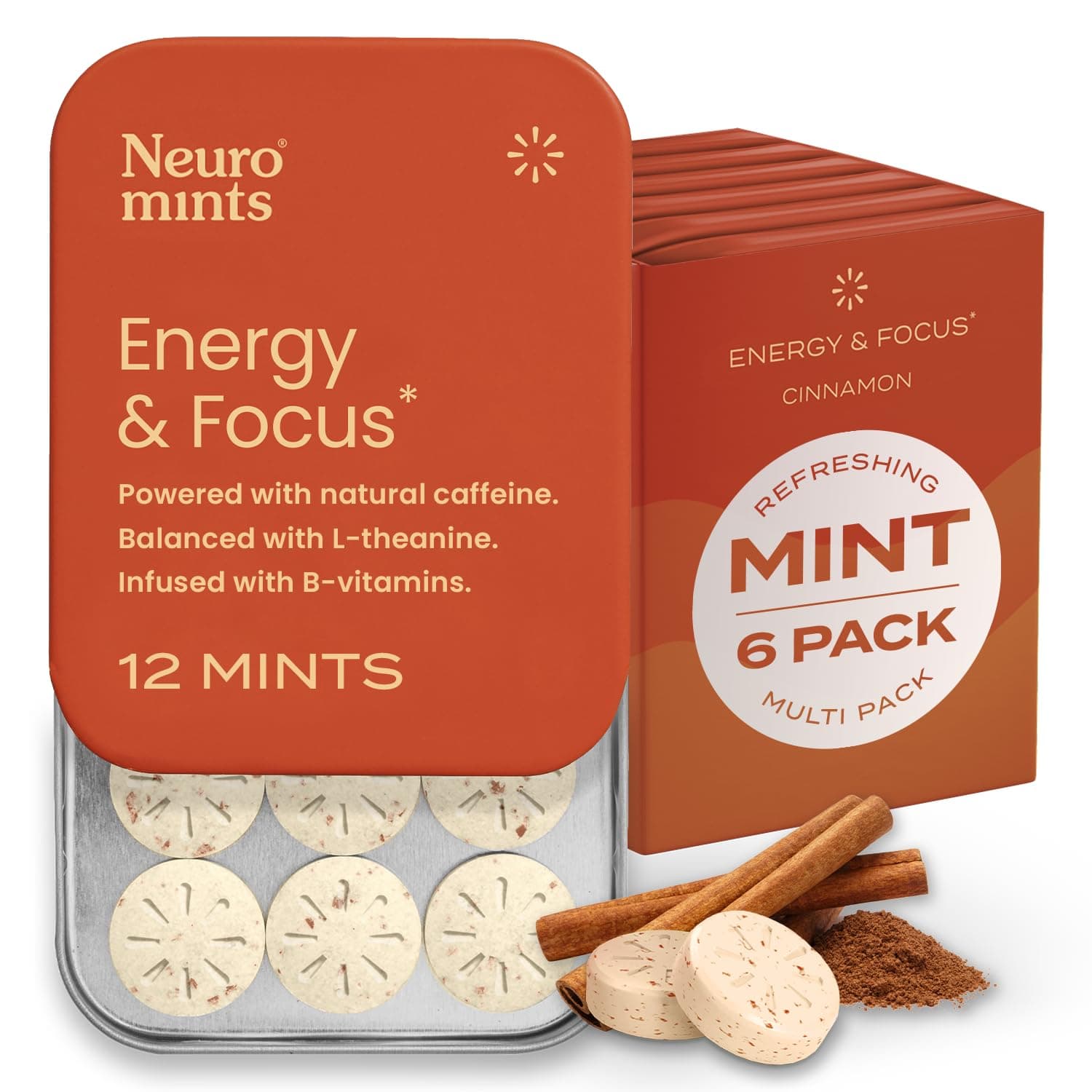 Neuro Mints Nootropic Energy Mints | Caffeine + L-theanine + B Vitamins | Sugar Free + Gluten free + Vegan (6 Pack = 72 Pieces, Cinnamon)