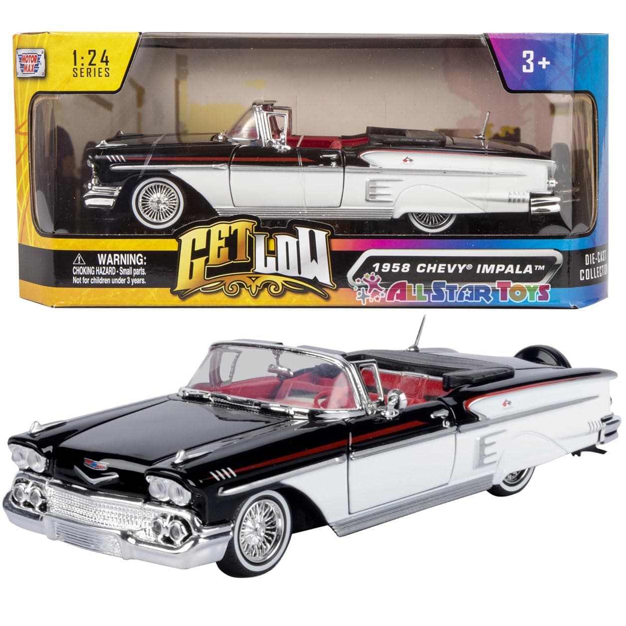 1958 Chevy Impala Convertible Lowrider Black and White with Red Interior Get Low Series 1/24 Diecast Model Car by Motormax 79025 for Unisex Adult