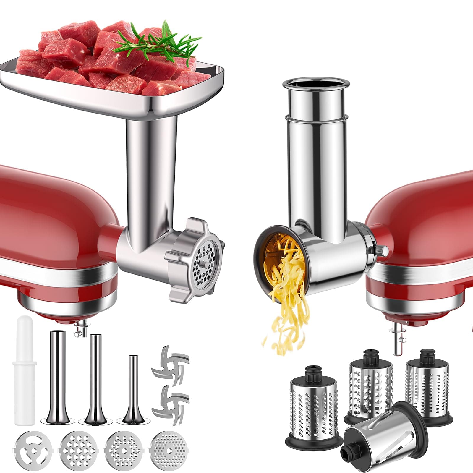 Meat Grinder & Stainless Steel Slicer Shredder Attachment for KitchenAid Stand Mixer, Meat Grinder Attachment with Sausage Stuffing Set and Cheese Grater, For KitchenAid Mixer Attachments