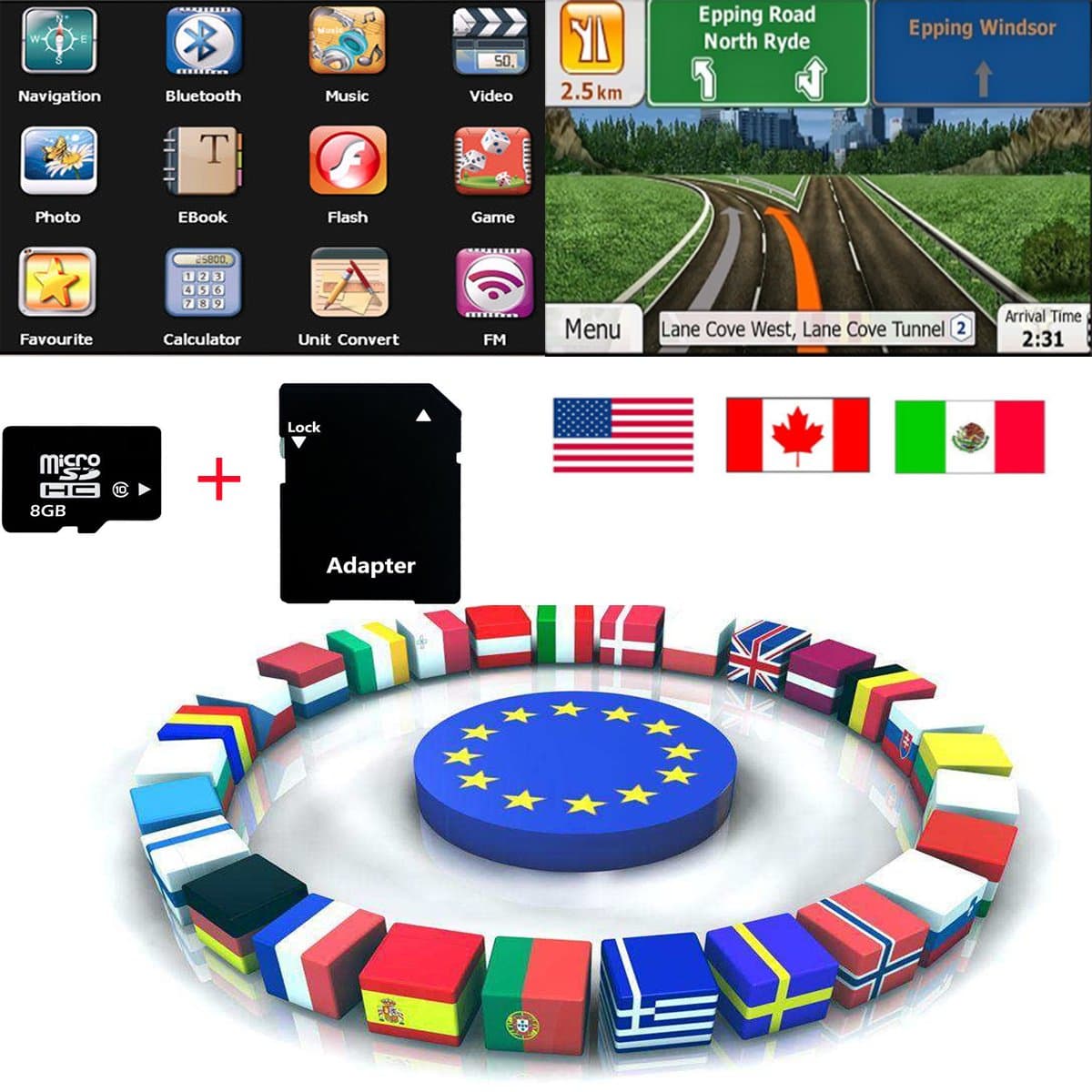 Quanmin Newest GPS Map Card 8Gb SD/TF Card USA Canada Mexico for GPS Navigation Map Updates GPS Software Wince System