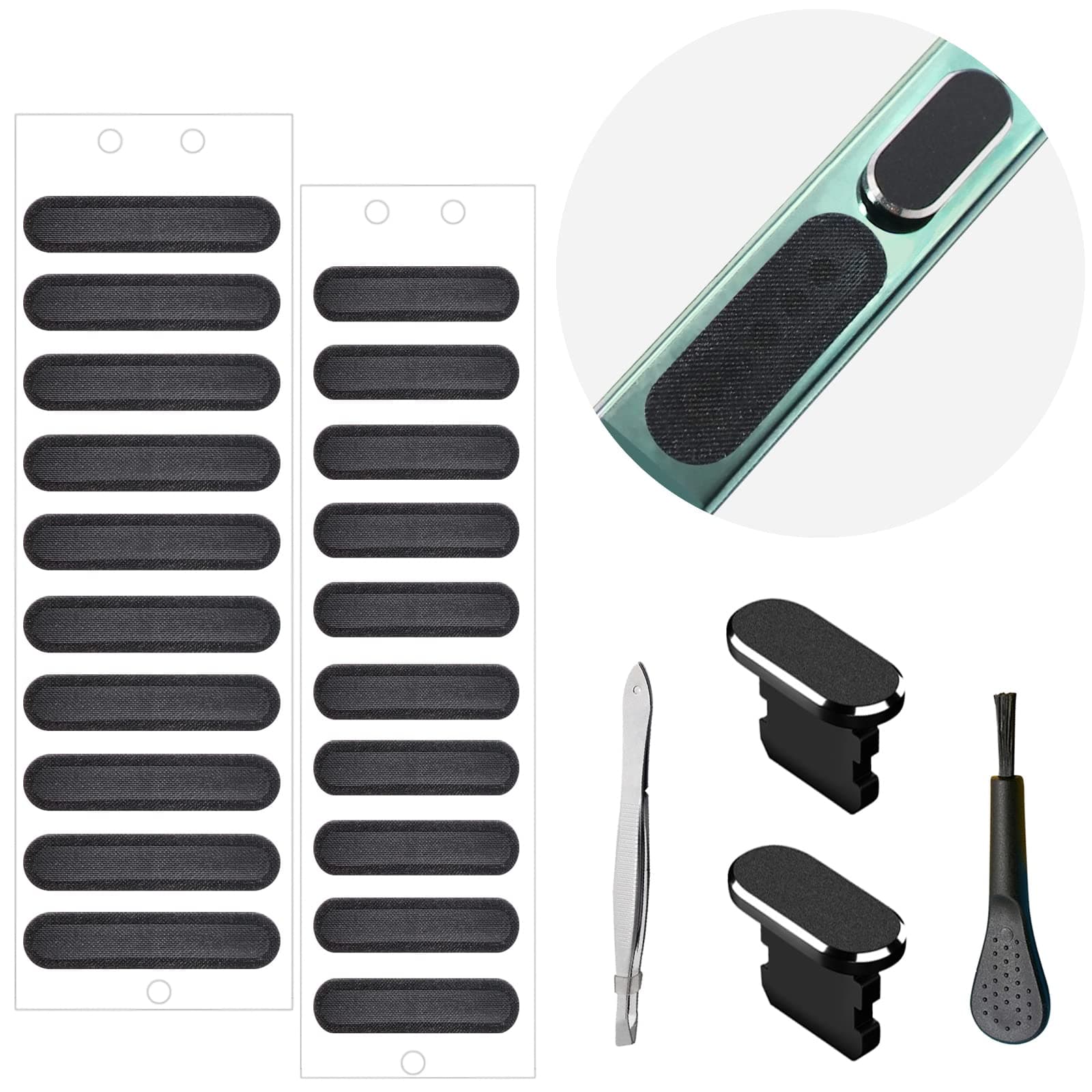 Phone Speaker Dustproof Stickers Protector, Mesh Speaker Anti Dust Adhesive Cover, Included Anti Dust Plug, Phone Port Cleaning Brush and Tweezer Compatible with iPhone 14, 13, 12 Pro Max, 11 (Black)