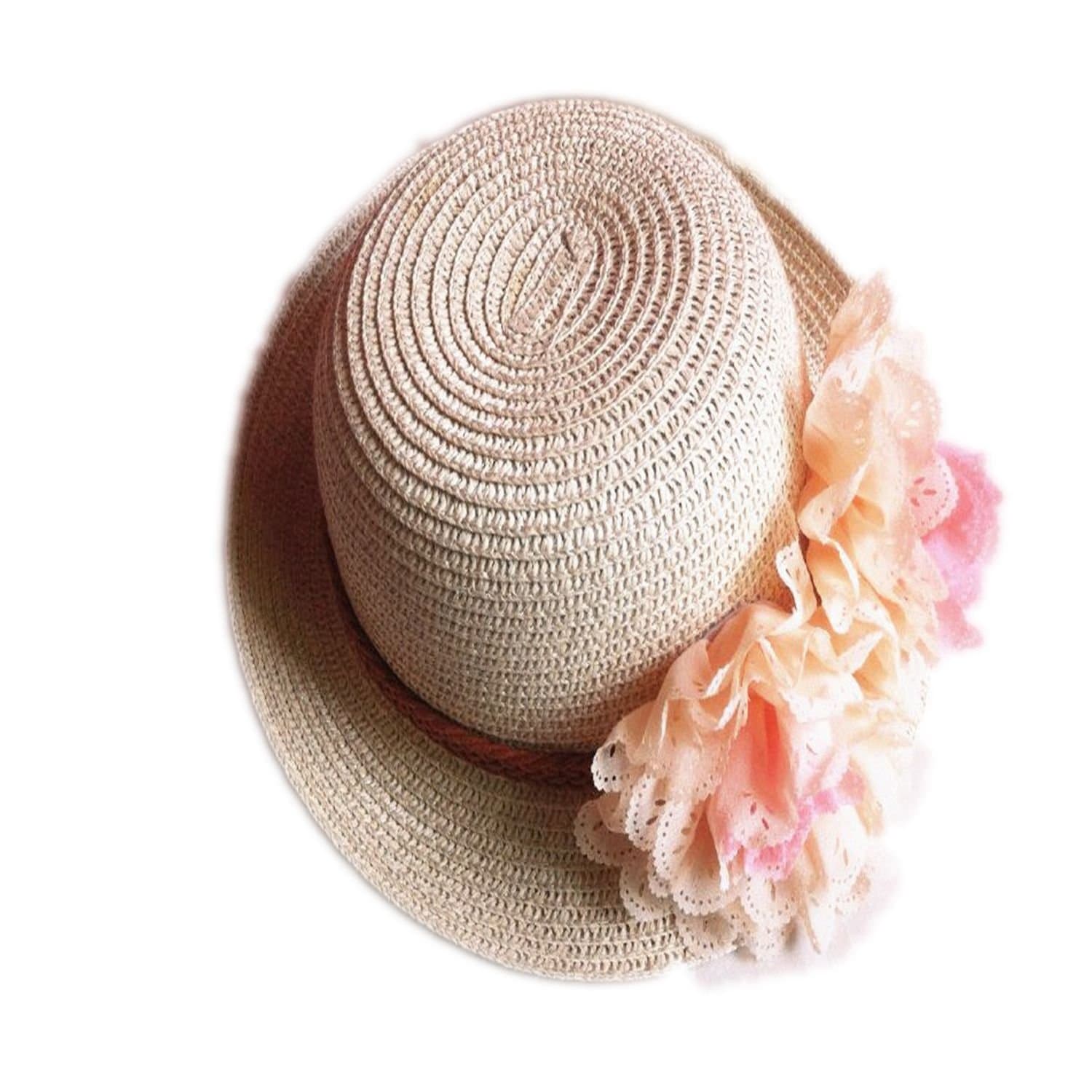 Rejected all traditions Lightweight Beige Floppy Two Flowers Straw Beach Sun Hat Cap for Kids Girls
