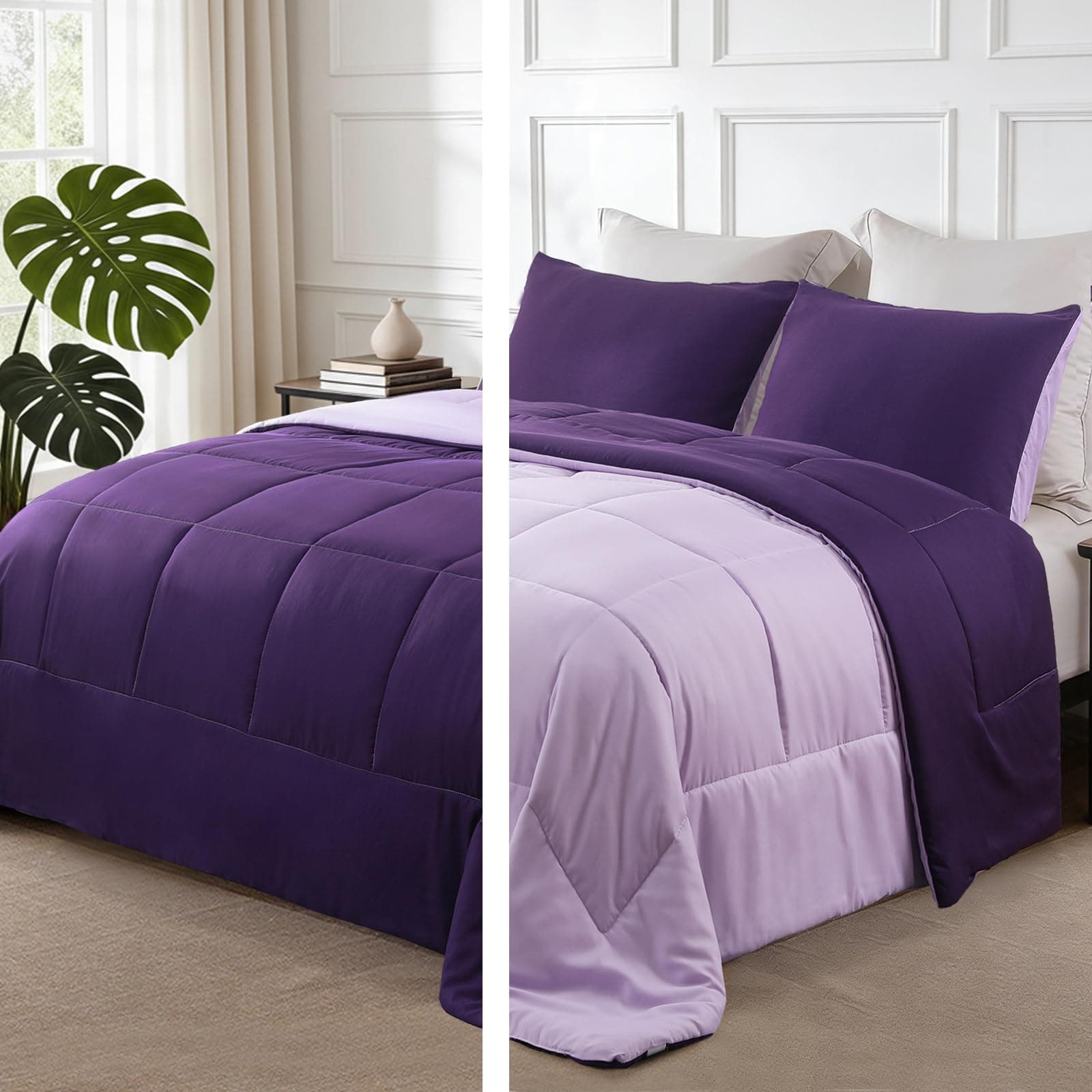 Exclusivo Mezcla Lightweight Reversible Twin Size Comforter Set, Down Alternative Comforter with 1 Pillow Sham, Twin Size Bedding Set for All Seasons, Deep Purple/Lilac