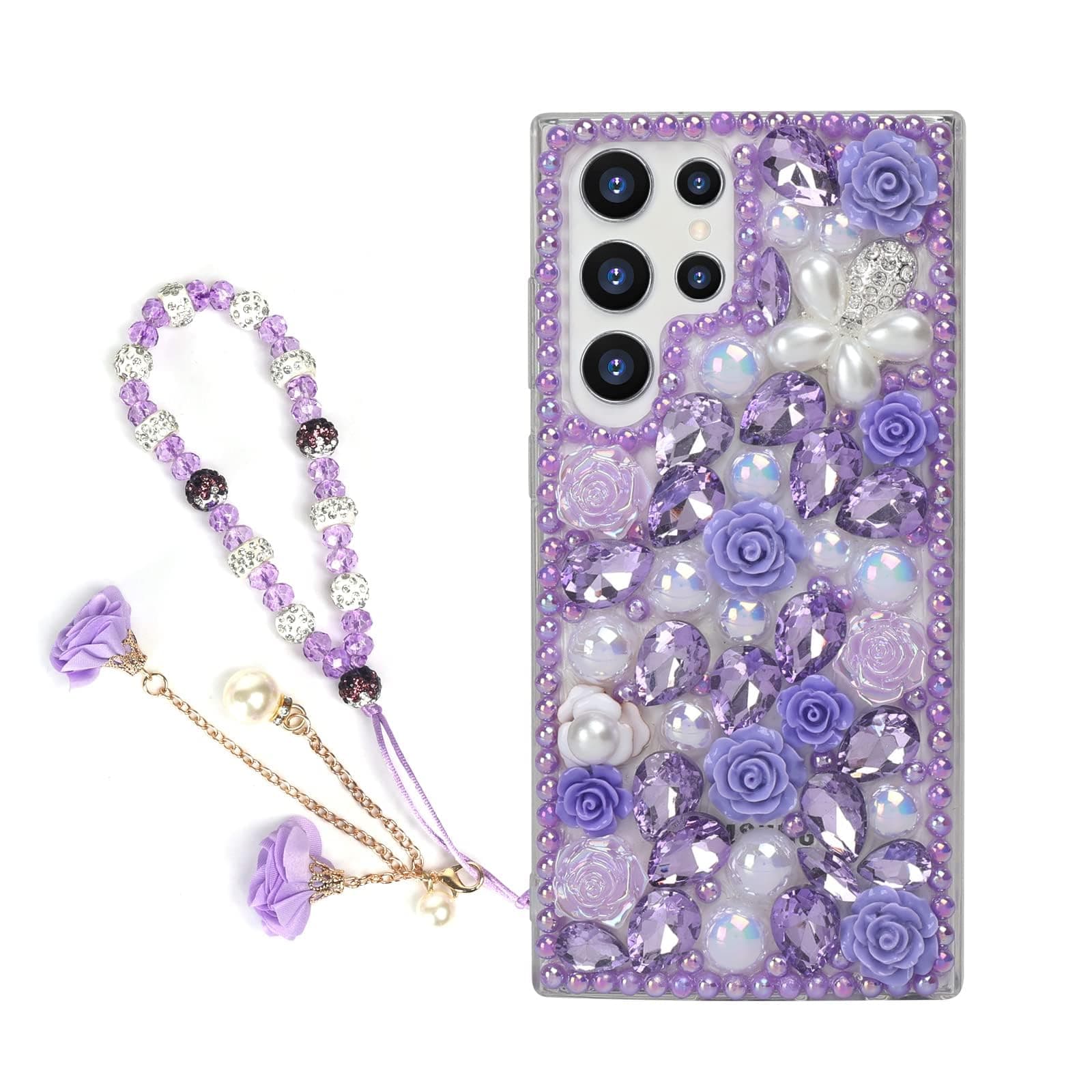 Bling Case for Galaxy S24 Ultra with Strap, Luxury Glitter Rhinestone Diamond Crystal Sparkle Rose Flower Pearl Floral Bracelets Soft Bumper Protective Case Cover for Women Girls (S24 Ultra, Purple)