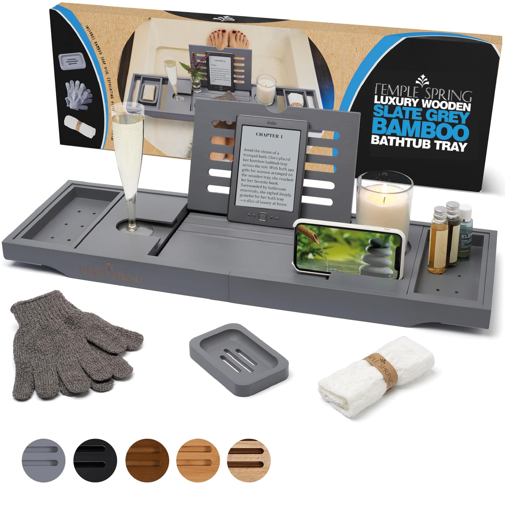 Temple Spring Bathtub Caddy Tray - Extendable Bath Tray for Bathtub with Candle, Wine Glass, Book, Pad & Phone Holders - Adjustable Bathtub Tray Over tub w/Bathroom Accessories - Grey