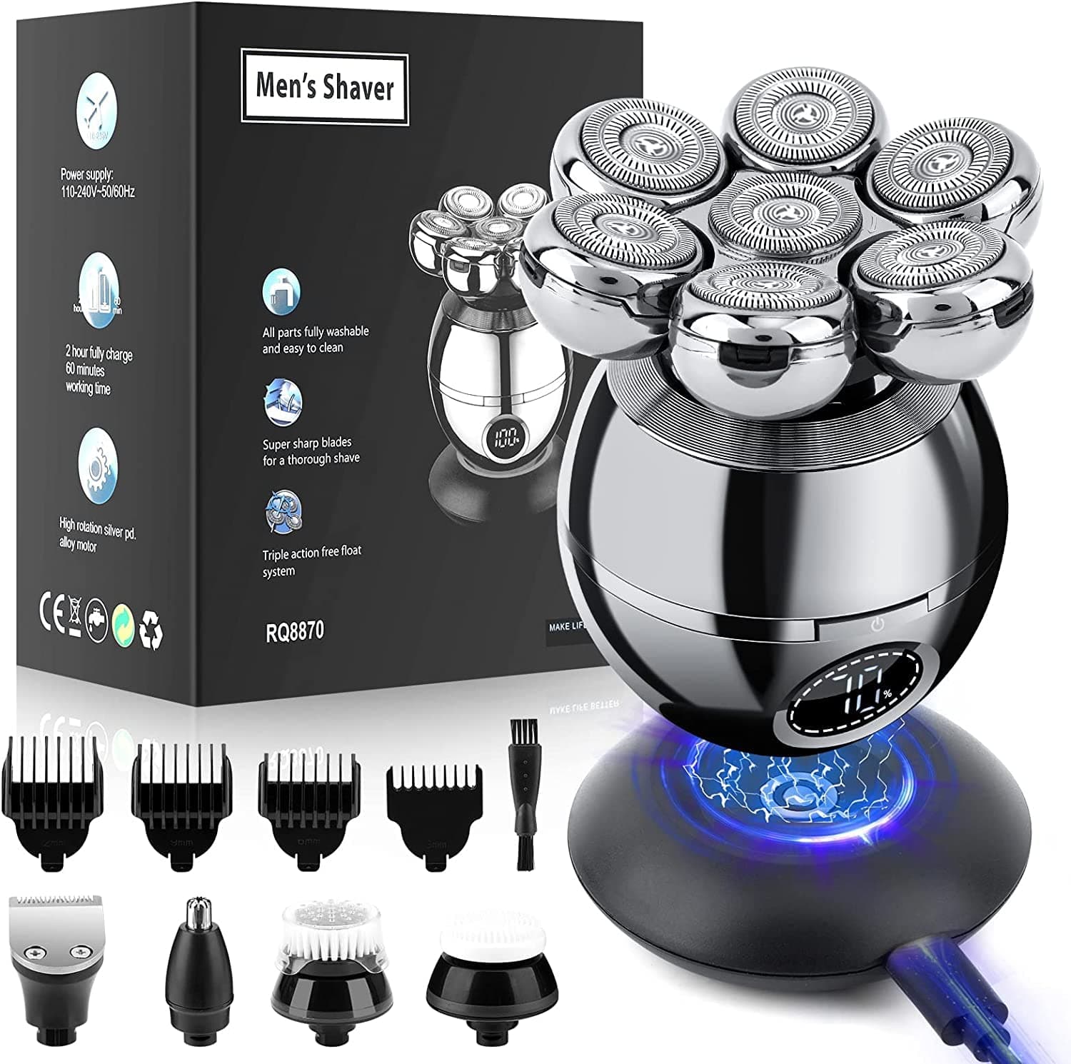 WjiangHead Shavers for Bald Men, 6 in 1 Electric Razor Mens Shaver Wet Dry Cordless Electric Skull Shavers 7D Floating Rechargeable Bald Head Shaver Back Shaver Head Shaver for Men Father's Day gifts