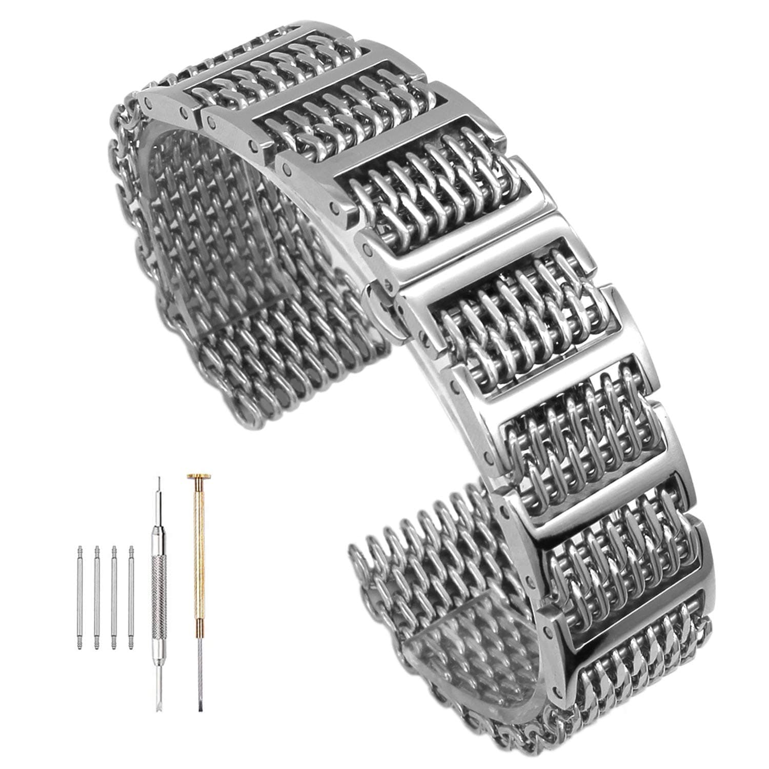 20mm/22mm24mm Shark Mesh H Link Polished Stainless Steel Watch Band Butterfly Buckle Silver/Black (20mm, Silver)