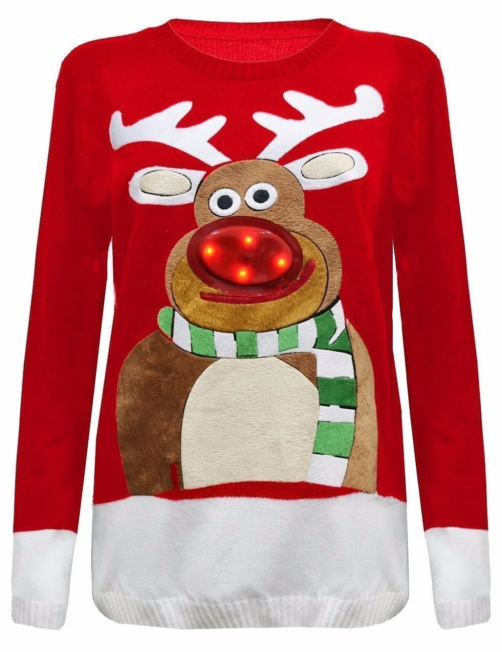 Women's Ladies 3D Christmas Tree Jumper & Rudolph Nose Jumper Led Flashing Light (Red Rudolph, UK M/L (12-14))