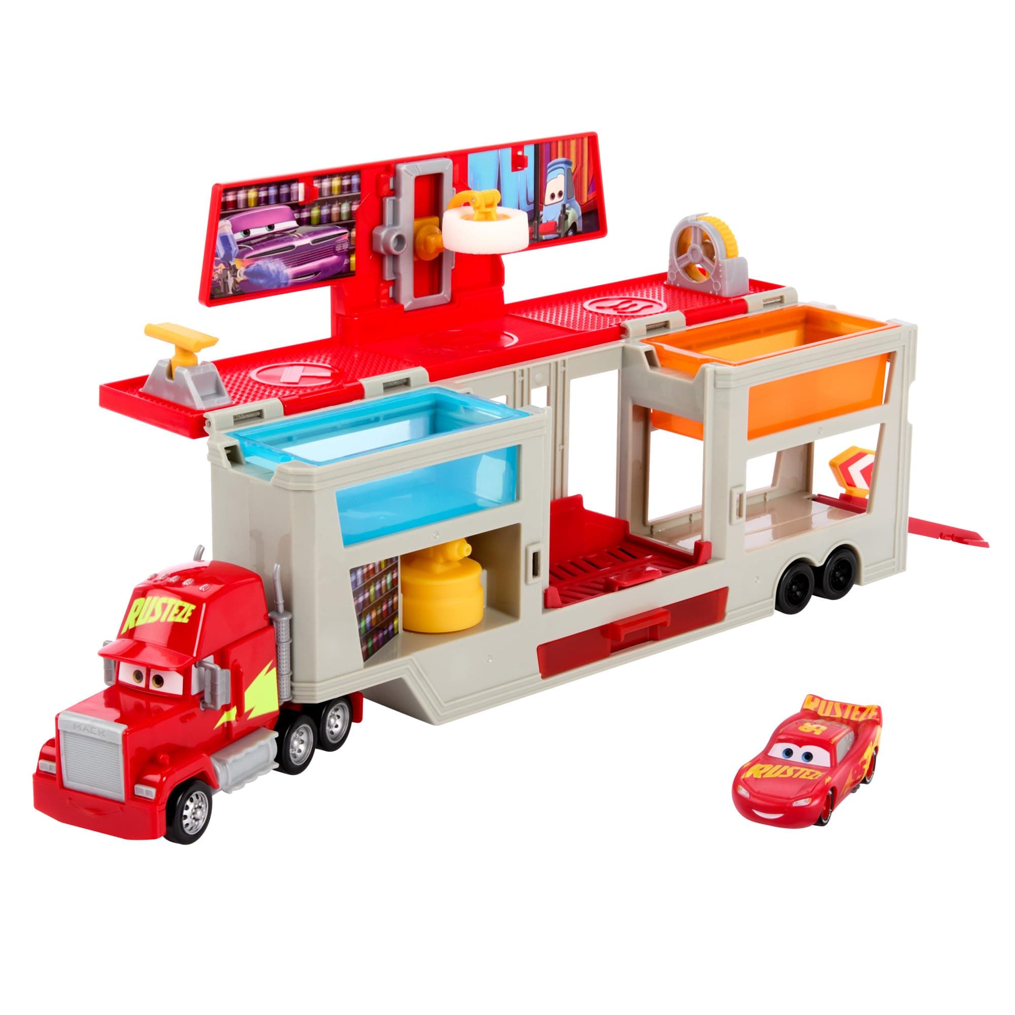 Disney and Pixar Cars Transforming Truck & Toy Car Playset, Color Changers Paint Shop Mack with Detachable Cab, Color Change Lightning McQueen & Accessories, HPD82
