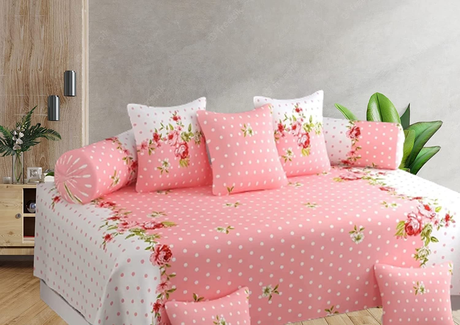 IVAZA Diwan Set Covers Cotton 6 Pieces, Ezyption Cotton Designer Printed Standard Diwan Set (1 Single Bedsheet, 2 Bolster Covers, 3 Cushion Covers Mint