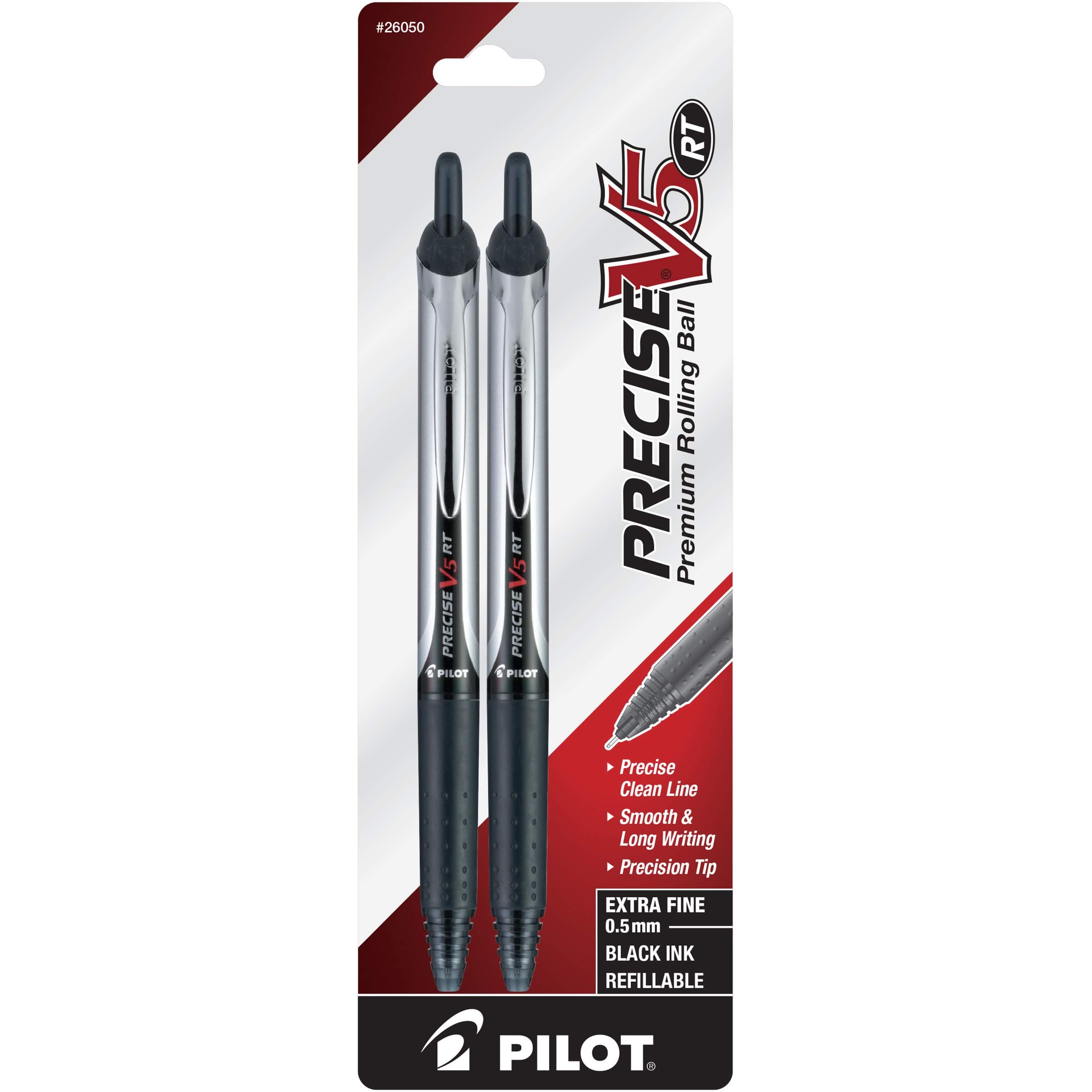 Pilot Precise V5 RT Retractable Rolling Ball Pens, Extra Fine Point, 2-Pack, Black Ink (26050)
