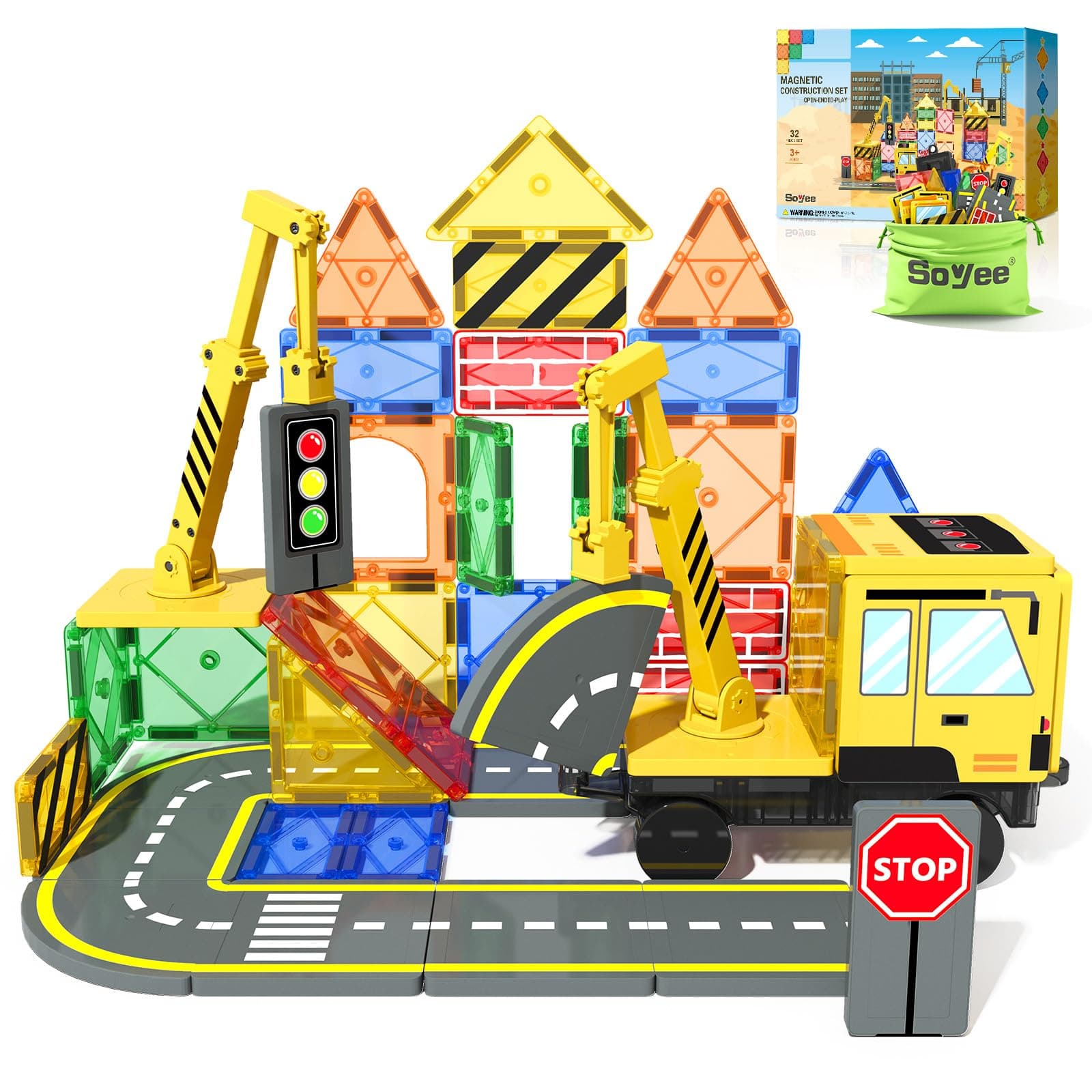 Magnetic Tiles Construction Set with Crane, Road Pieces and Truck Magnetic Blocks STEM Building Toys for Kids 3+, 4 5 6 7 8 Year Old Boys Birthday Gifts - Improves Fine Motor & Problem-Solving Skills