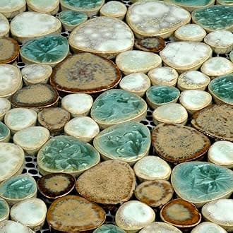Hominter Pebble Porcelain Mosaic Glossy Mixed Aqua, Cream & Coffee Glazed Ceramic Tile for Bathroom, Shower Floor, Accent Wall, Spa Decor (5 Square Feet)