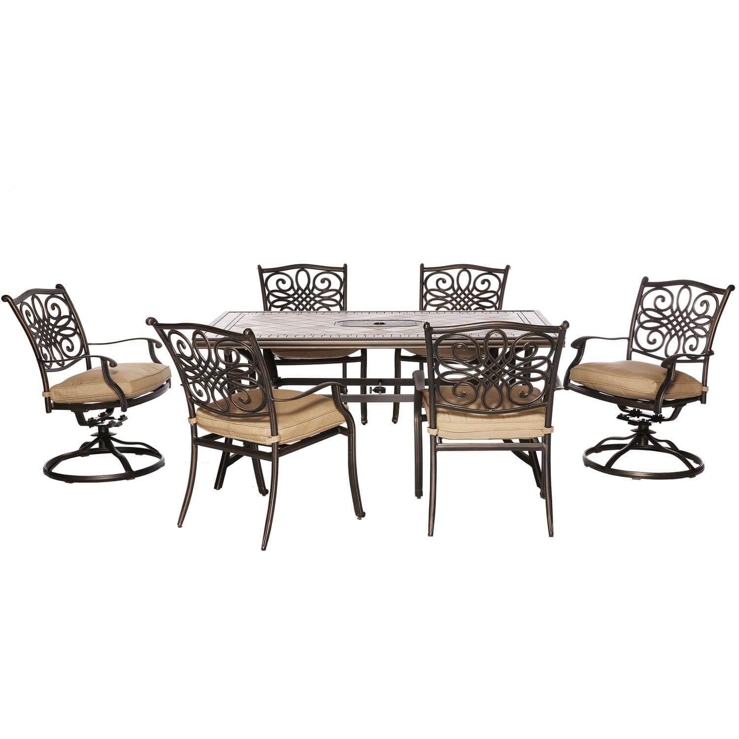 Hanover Monaco 7-Piece Aluminum Patio Dining Set with 4 Dining Chairs, 2 Swivel Rockers, Plush Tan Cushions and Porcelain Tile Rectangular Dining Table, Outdoor Dining Set for 6, All Weather Furniture