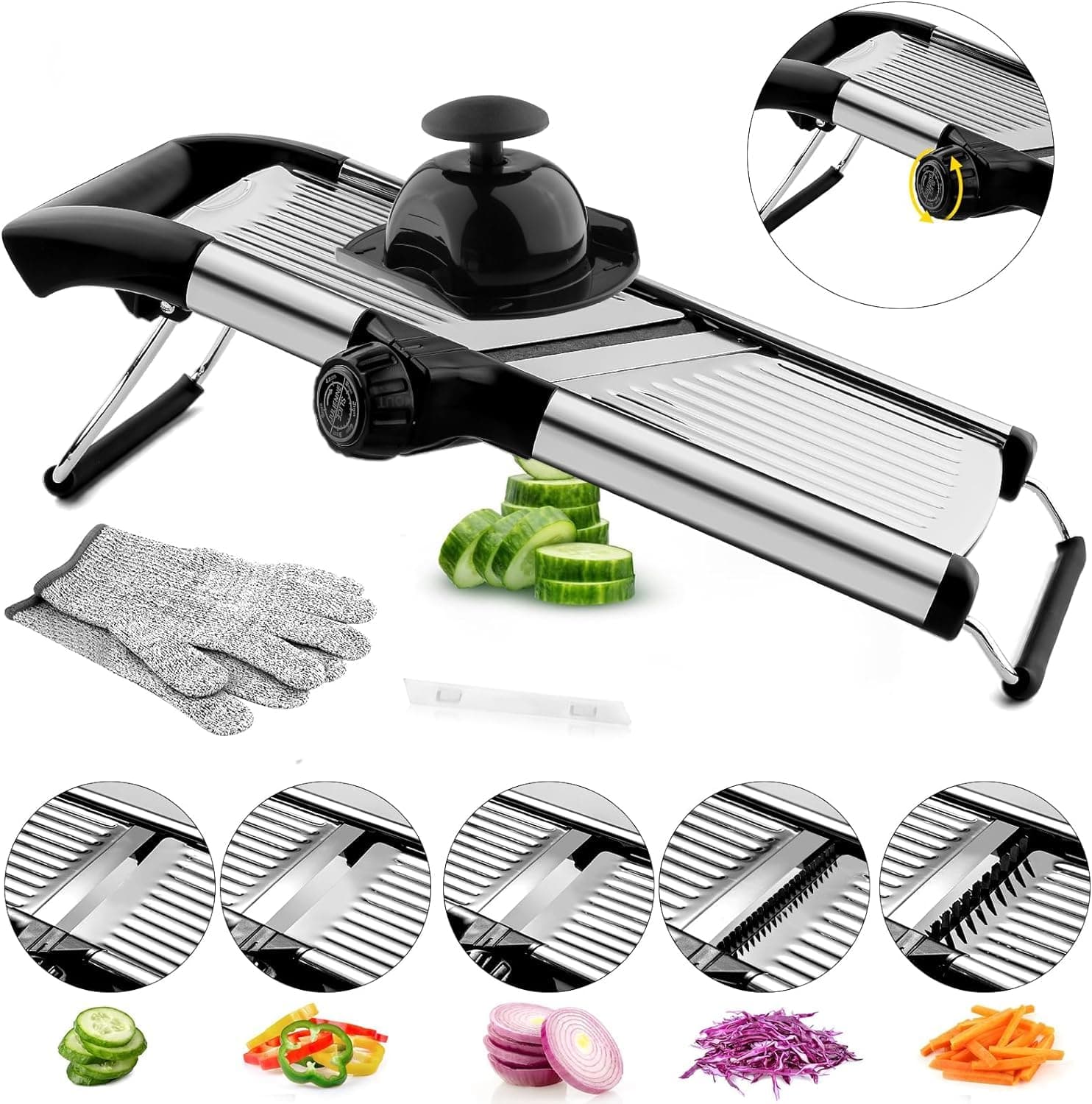 VEKAYA Mandoline Slicer, Mandoline Slicer for Kitchen, Adjustable Mandolin, Stainless Steel Mandoline, Vegetable Slicer, Potato, Onion, Cucumber, Tomato, Veggie Slicer with Cut-Resistant Gloves