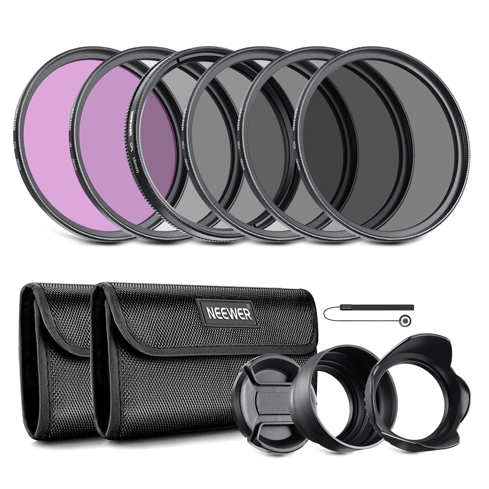 58mm ND Lens Filter Kit: UV, CPL, FLD, ND2, ND4, ND8, Lens Hood and Lens Cap Compatible with Canon Nikon Sony Panasonic DSLR Cameras with 58mm Lens