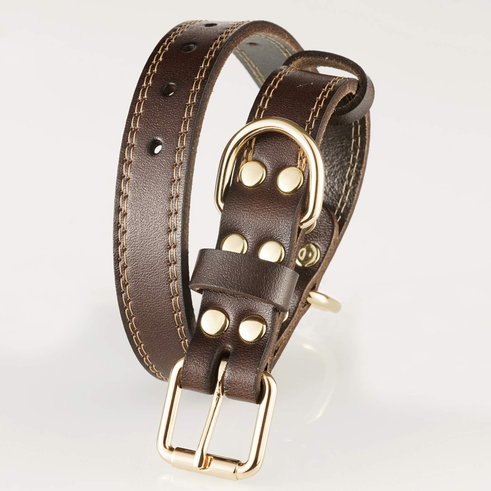 Genuine Leather Dog Collar with Alloy Buckle and Double D Rings (Large, Brown)